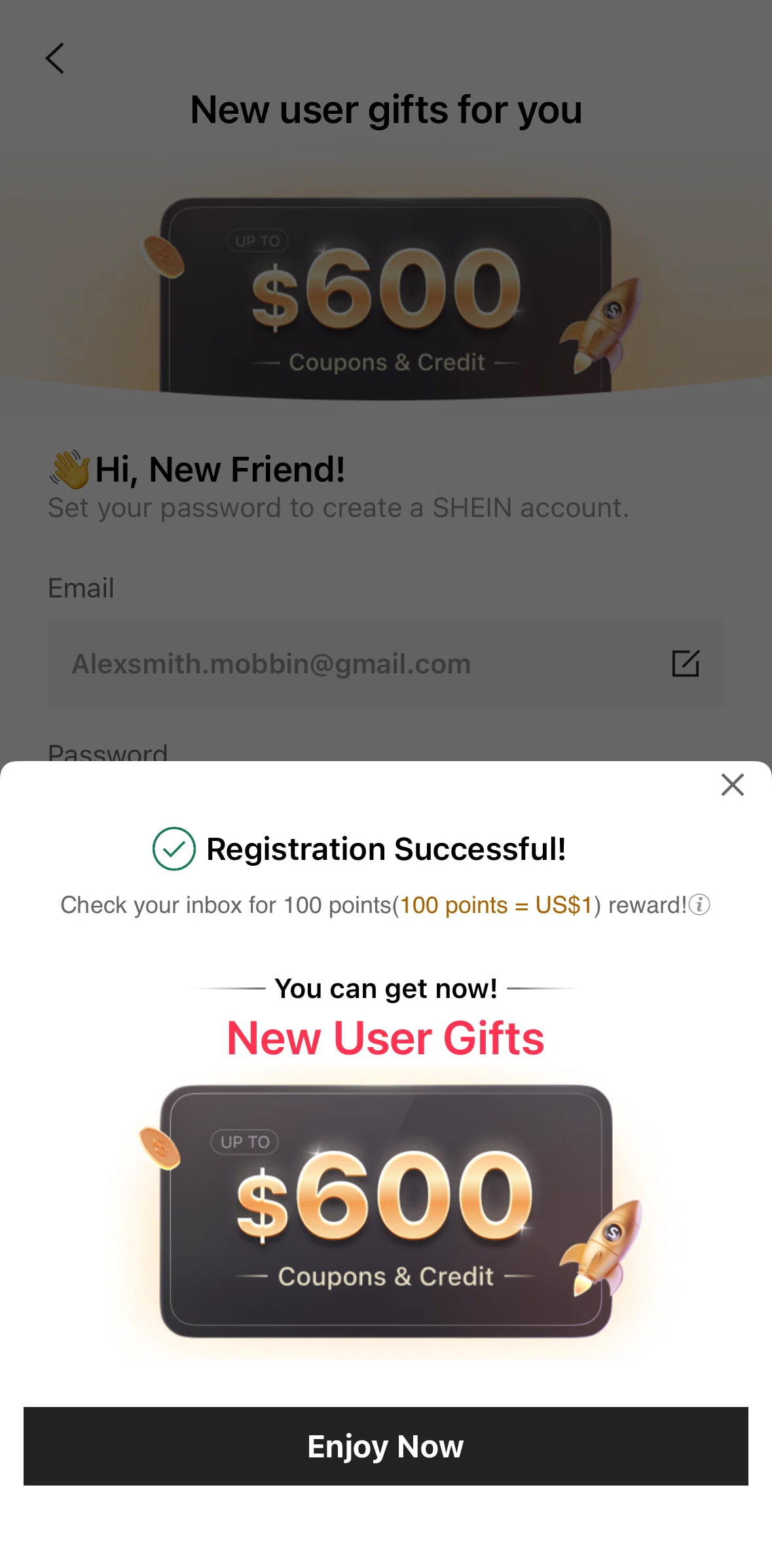 SHEIN Screen screen in the Receiving coupons flow
