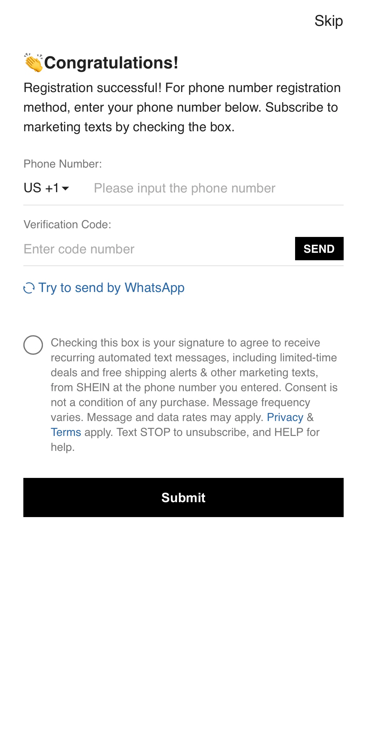 SHEIN Screen screen in the Registering a phone number flow
