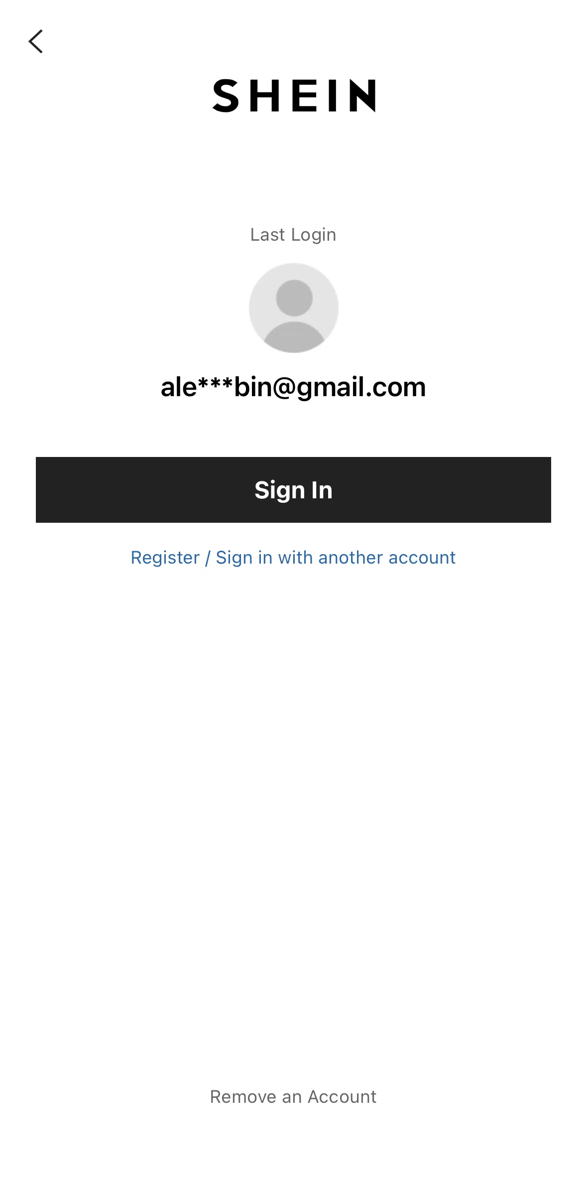 SHEIN Screen screen in the Removing an account flow