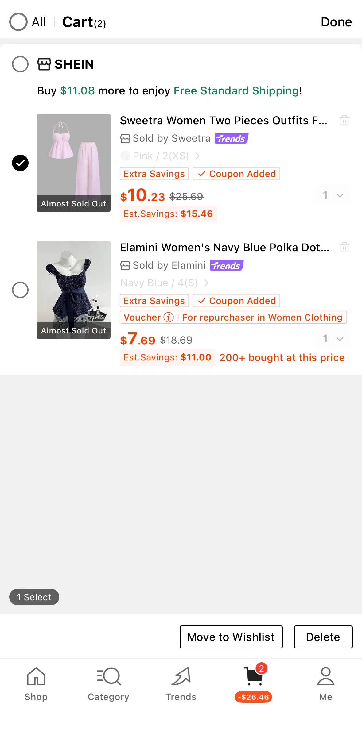 SHEIN Screen screen in the Removing an item from cart flow