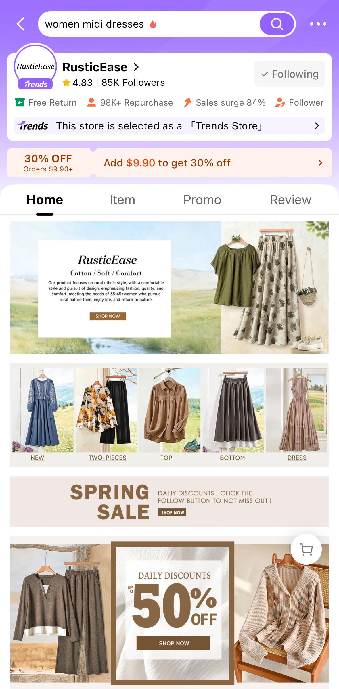 SHEIN Screen screen in the Unfollowing a store flow