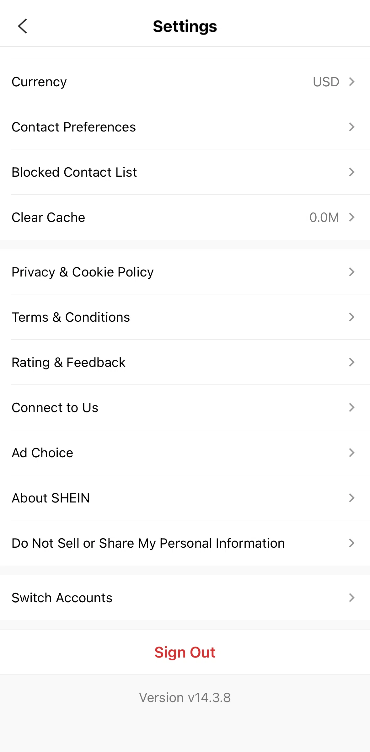 SHEIN Screen screen in the Updating privacy settings flow