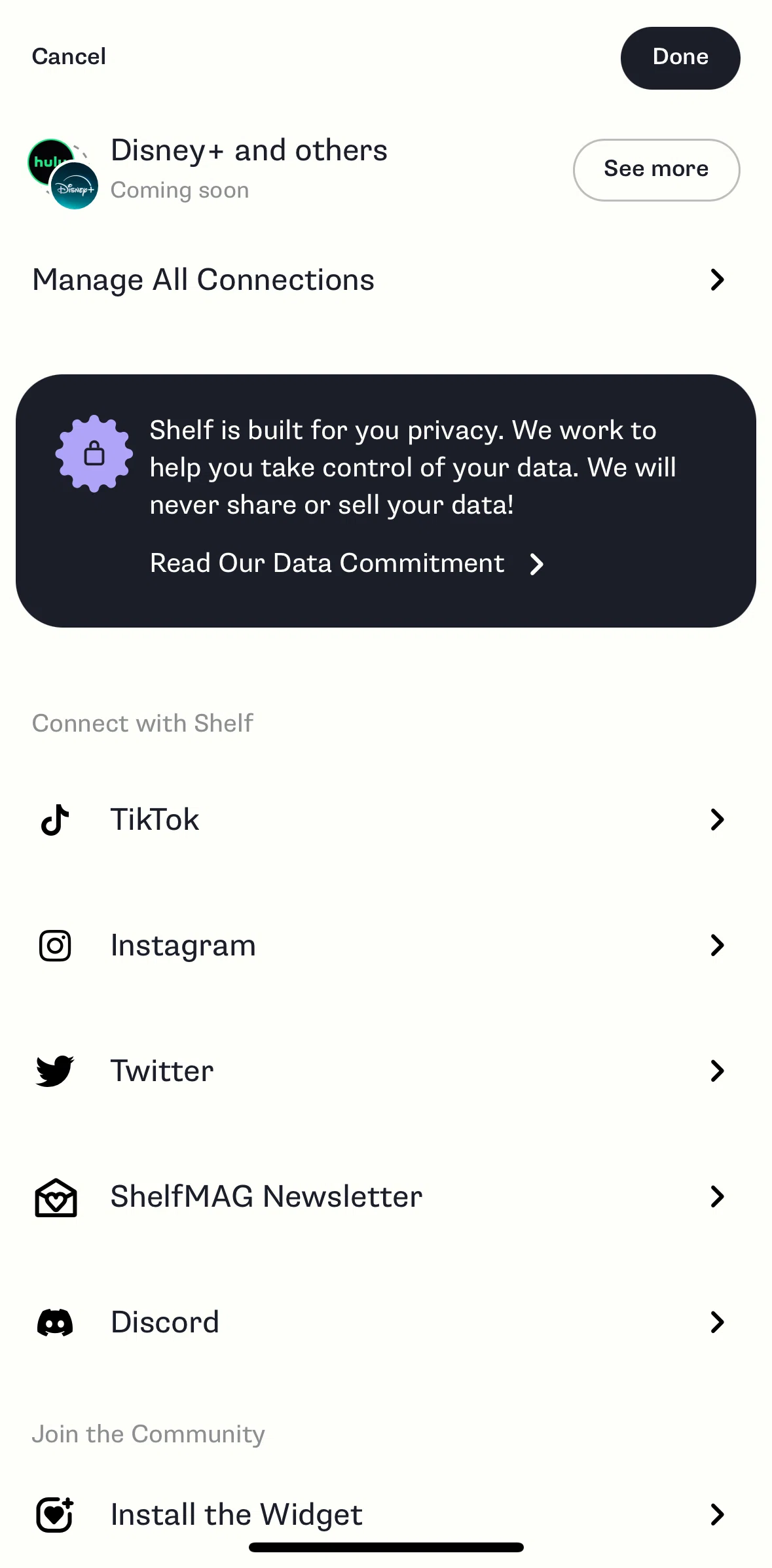Shelf Screen screen in the Connect to a platform flow