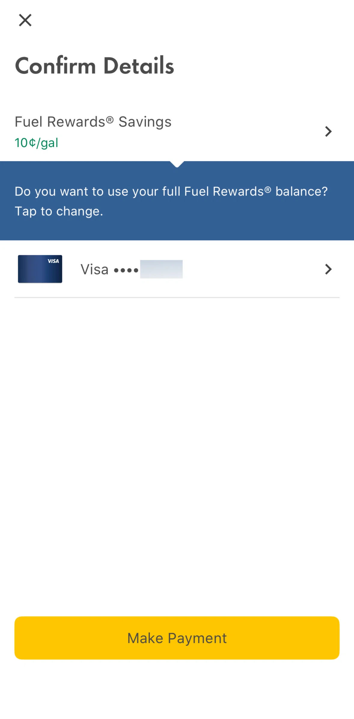 Shell Screen screen in the Changing fuel reward savings options flow
