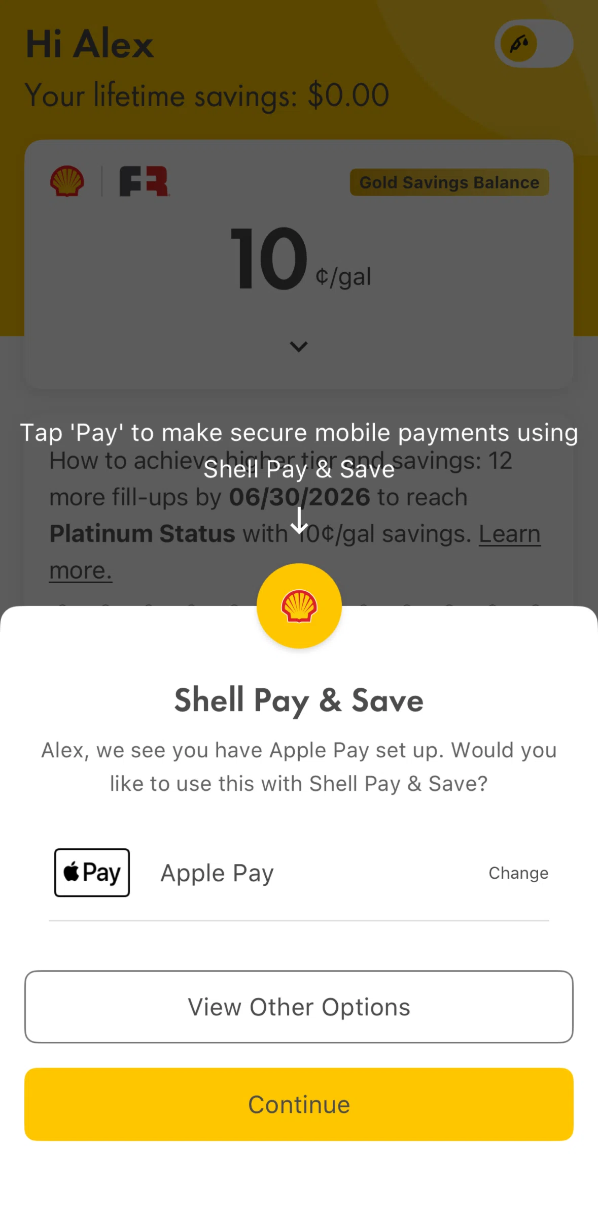Shell Screen screen in the Purchase fuel (pay inside) flow