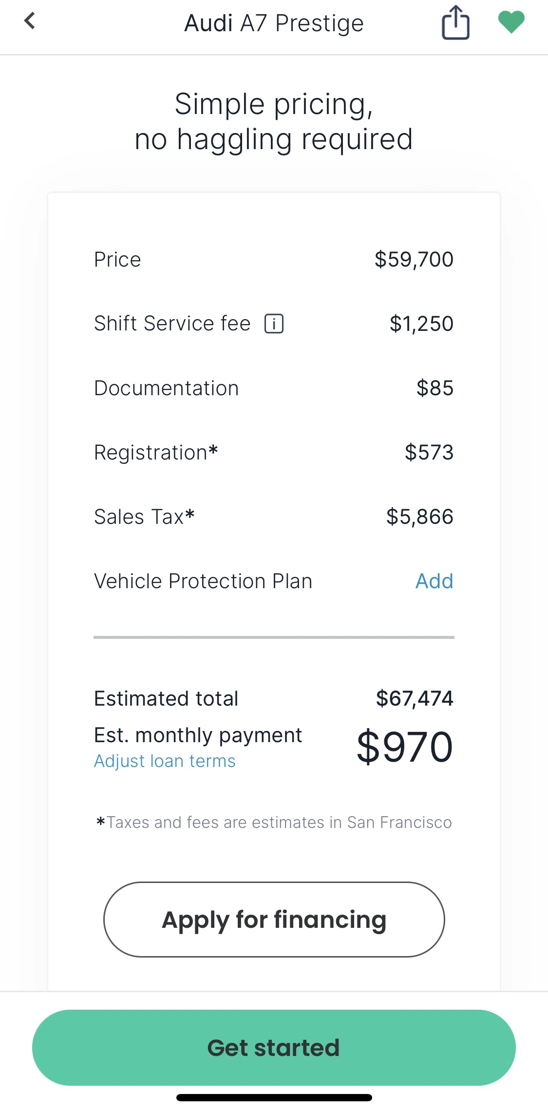 Shift Screen screen in the Adding a vehicle protection plan flow