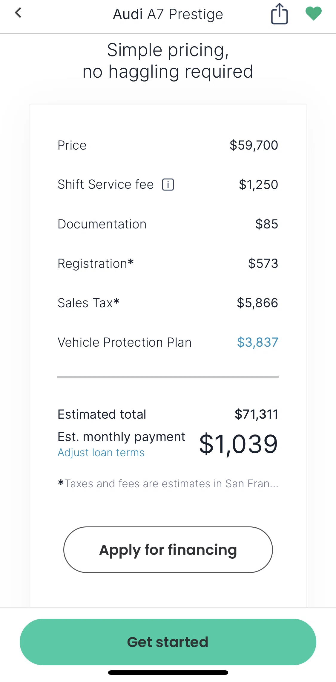 Shift Screen screen in the Applying for financing flow