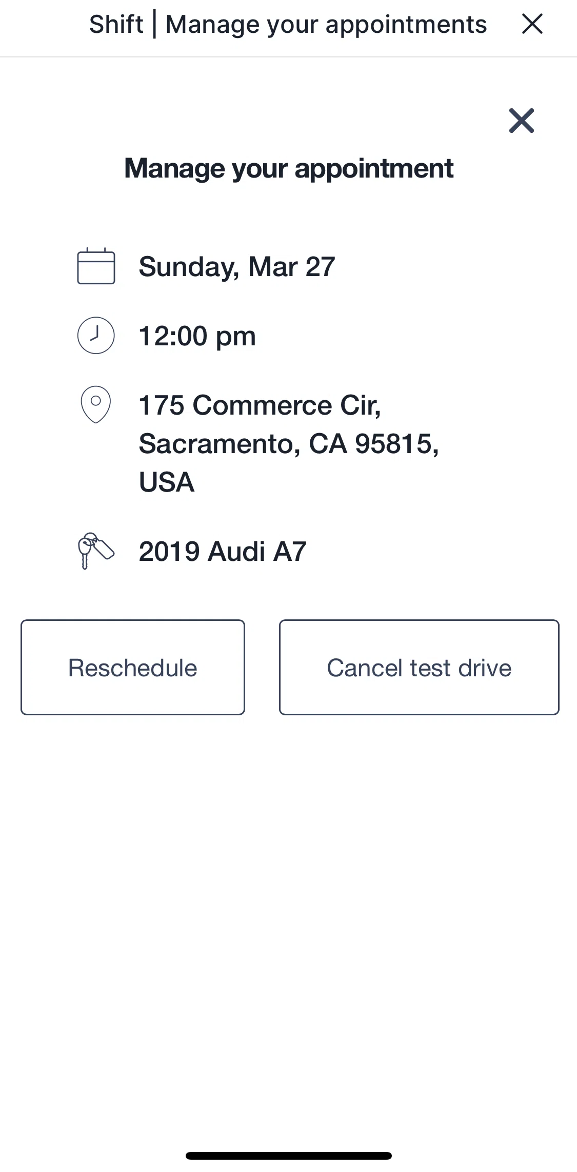 Shift Screen screen in the Cancelling test drive flow