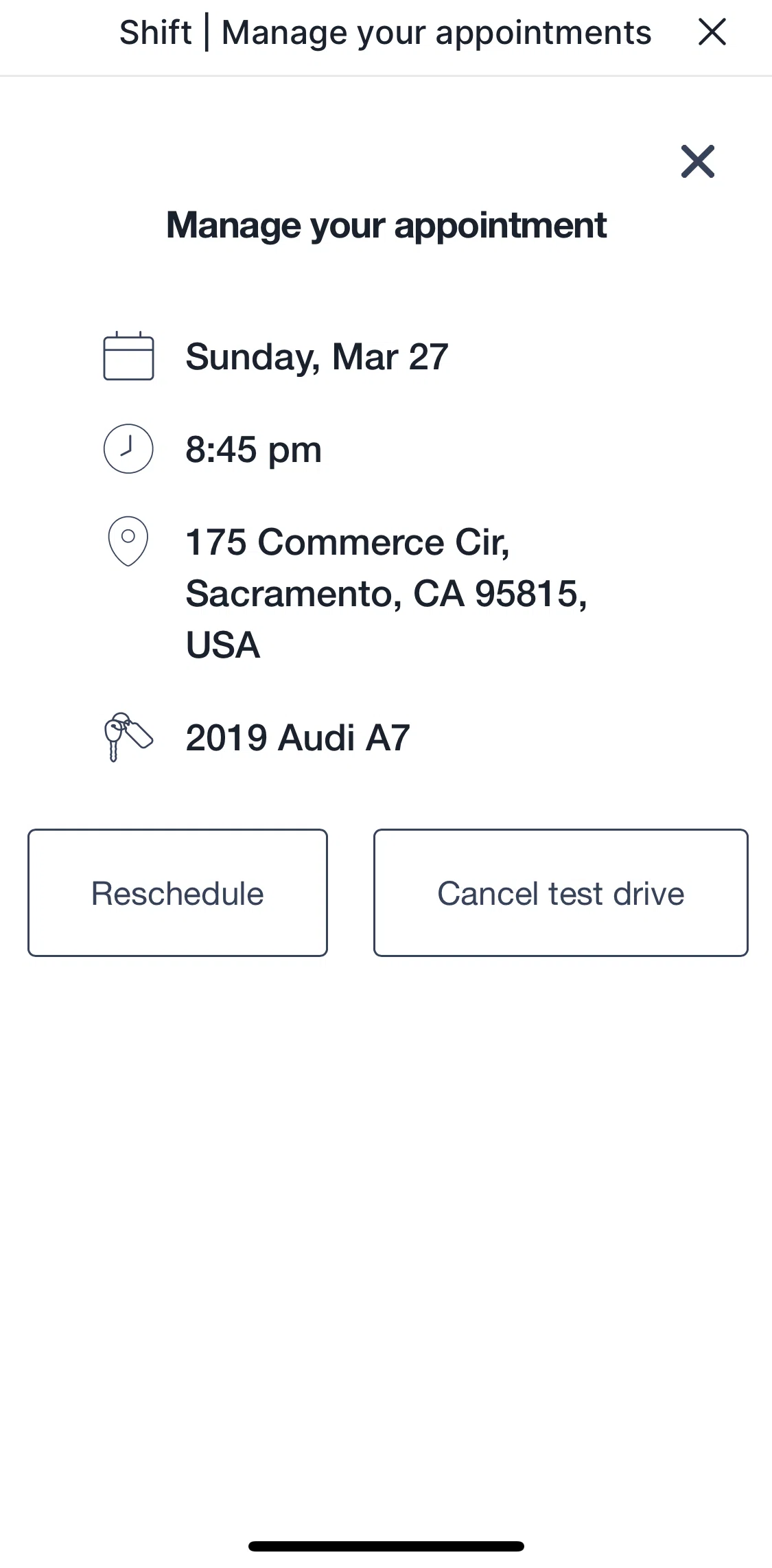 Shift Screen screen in the Rescheduling test drive flow