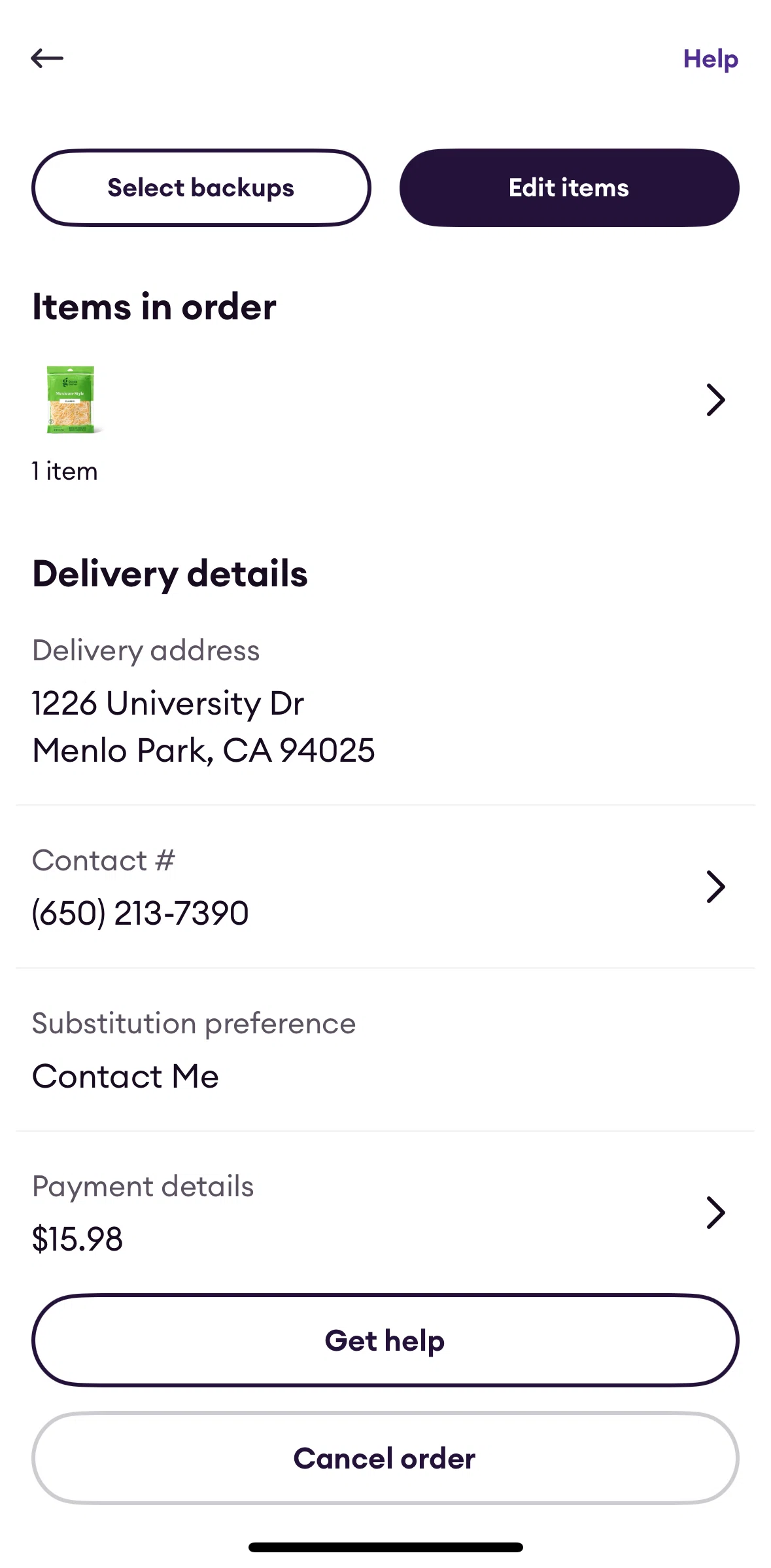 Shipt Screen screen in the Cancelling an order flow