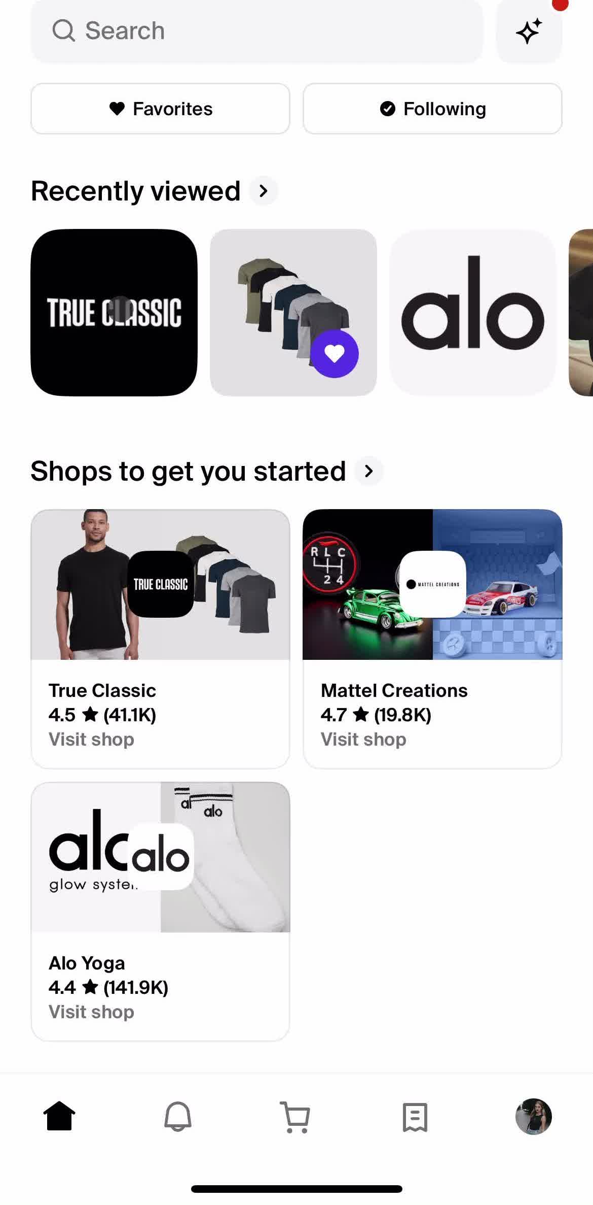 Shop Home screen in the Following A User flow