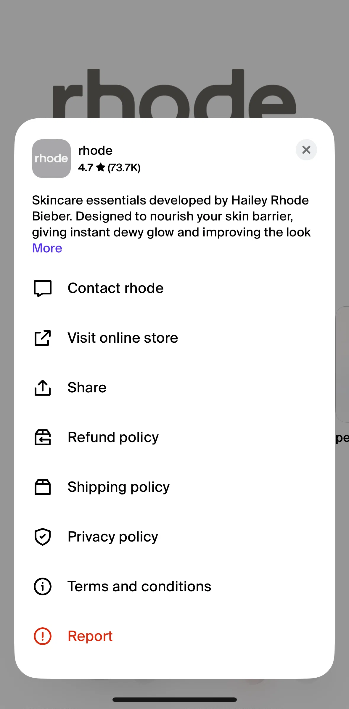 Shop Screen 1 screen in the Reporting a brand flow