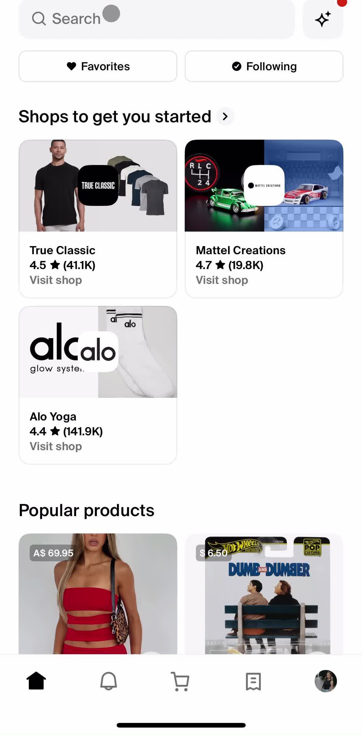 Shop Home screen in the Searching flow