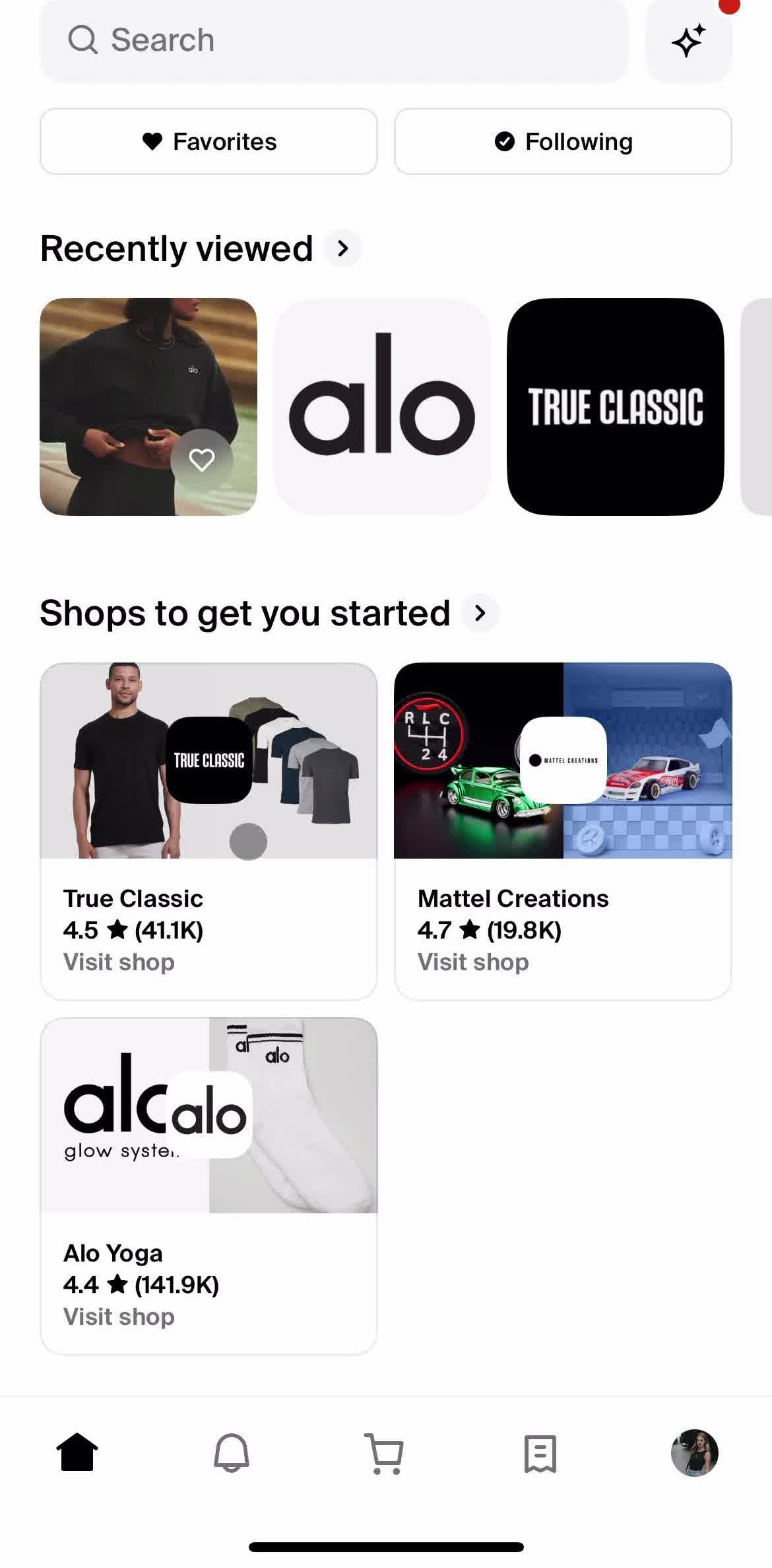 Shop Home screen in the Sharing flow