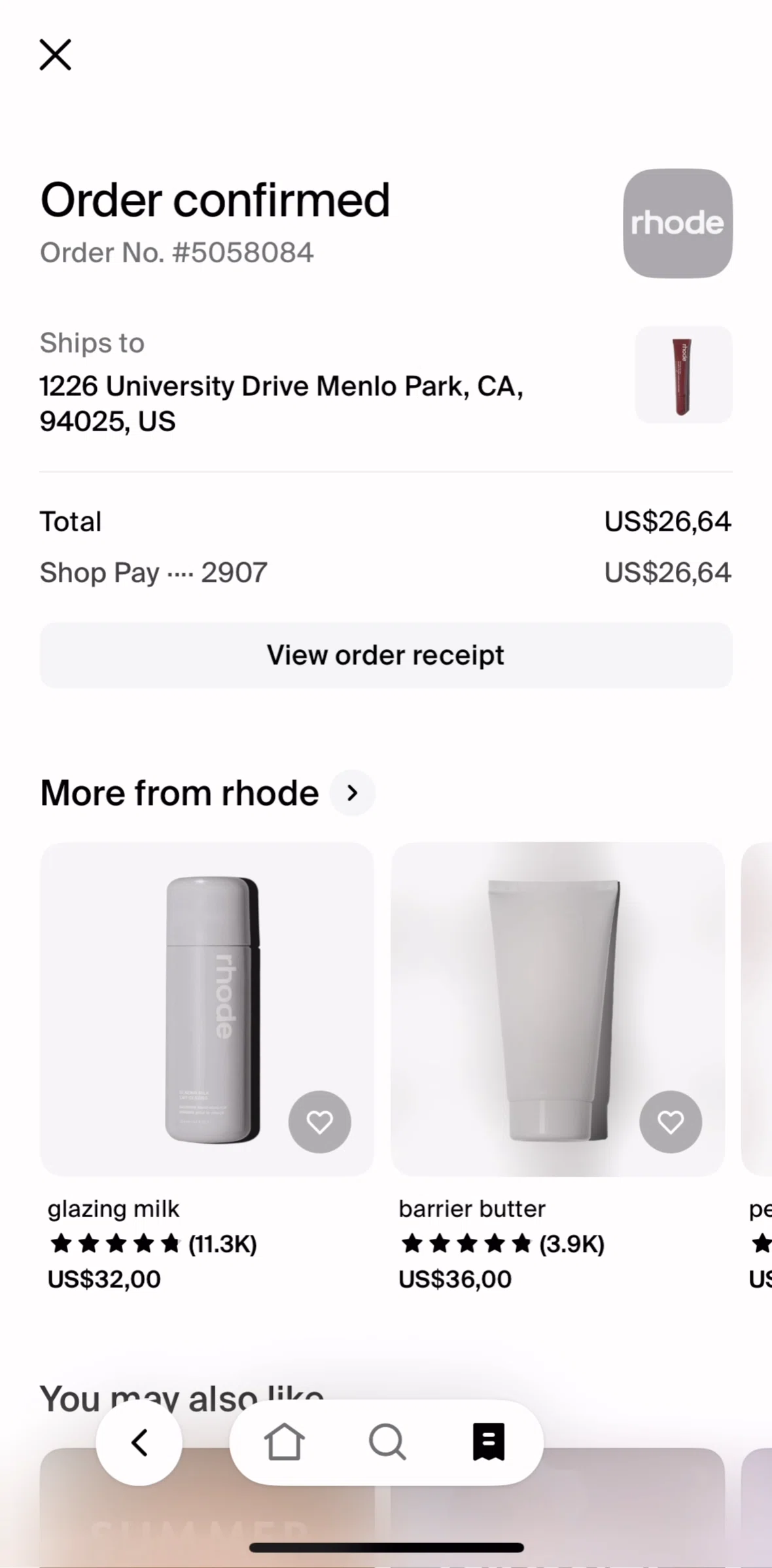 Shop Screen 1 screen in the View order receipt flow