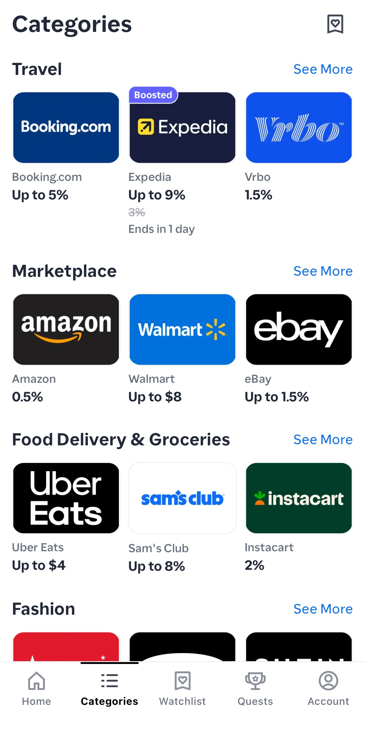 ShopBack Screen screen in the Categories detail flow