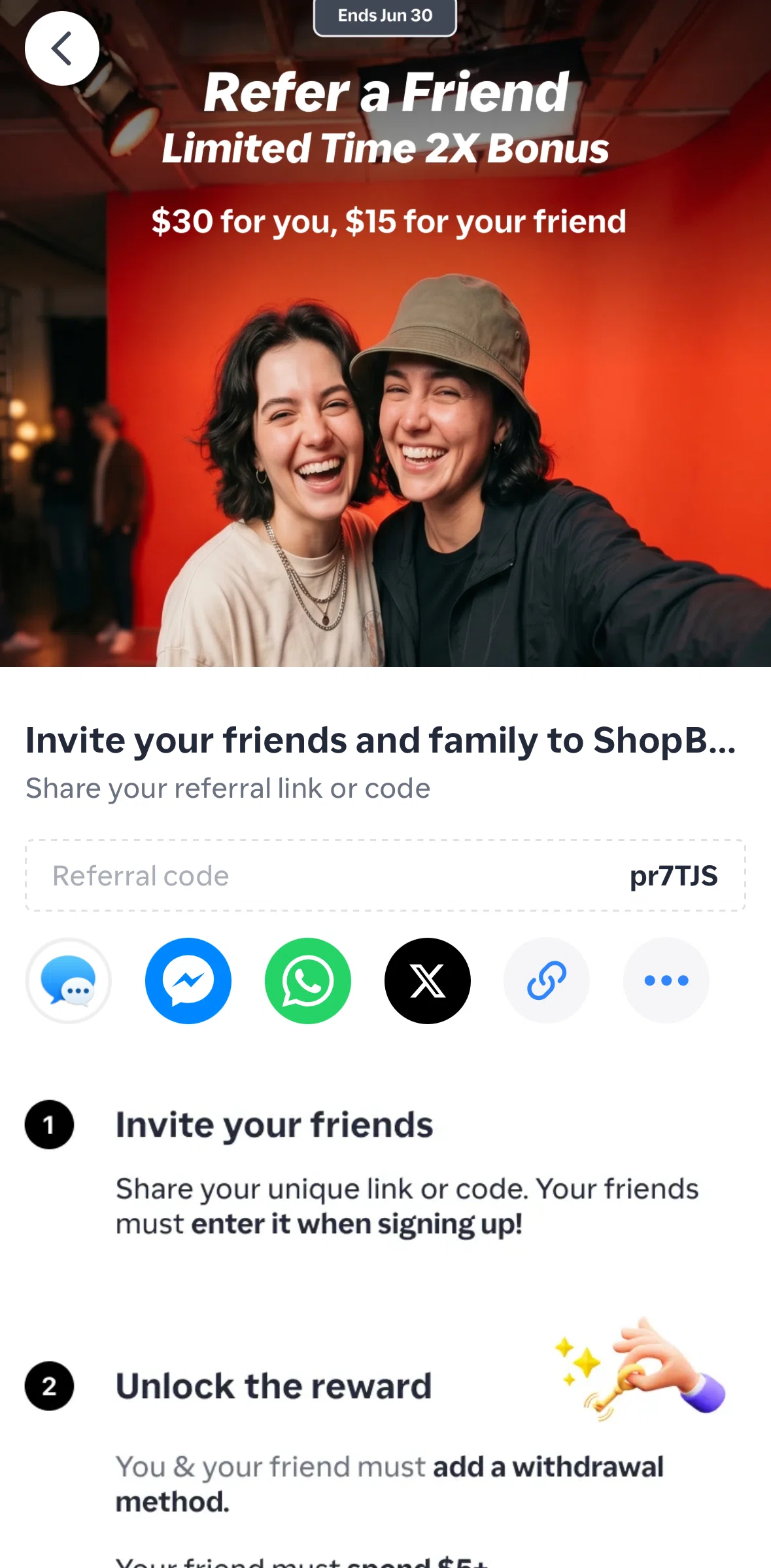 ShopBack Screen screen in the Copying referral code flow