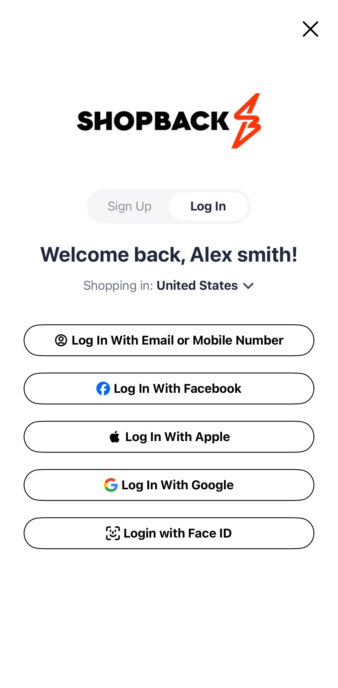 ShopBack Screen screen in the Logging in flow