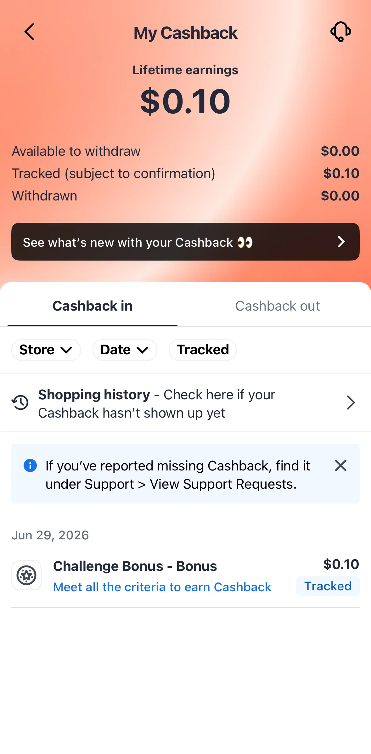 ShopBack Screen screen in the Shopping history flow
