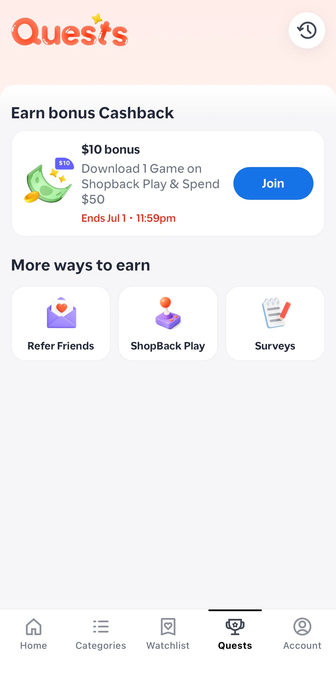 ShopBack Screen screen in the Start a survey flow