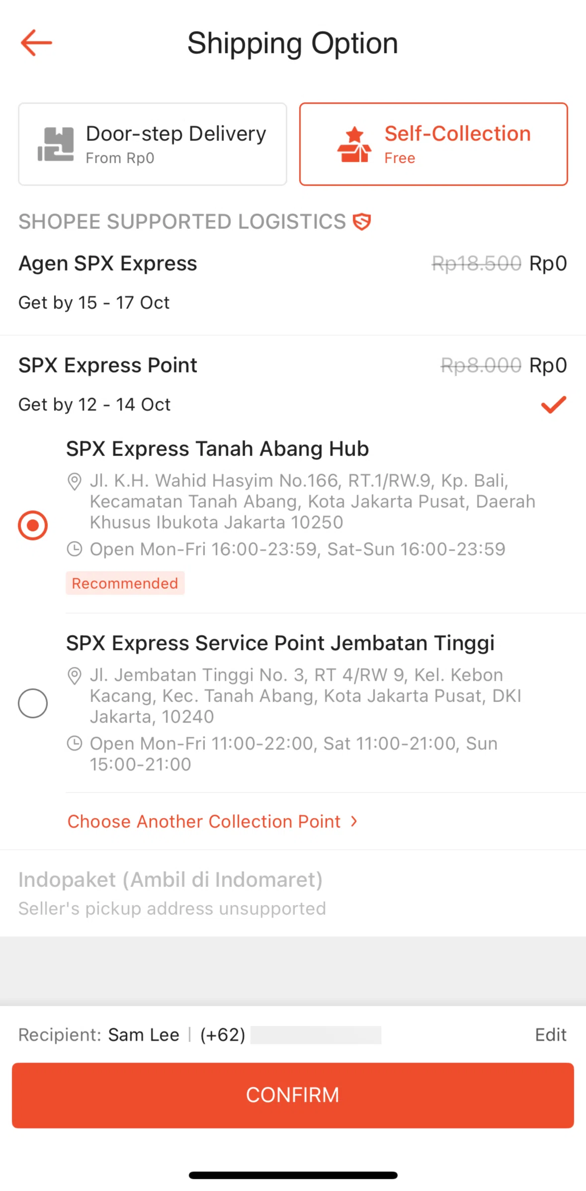 Shopee Screen screen in the Adding a collection point flow