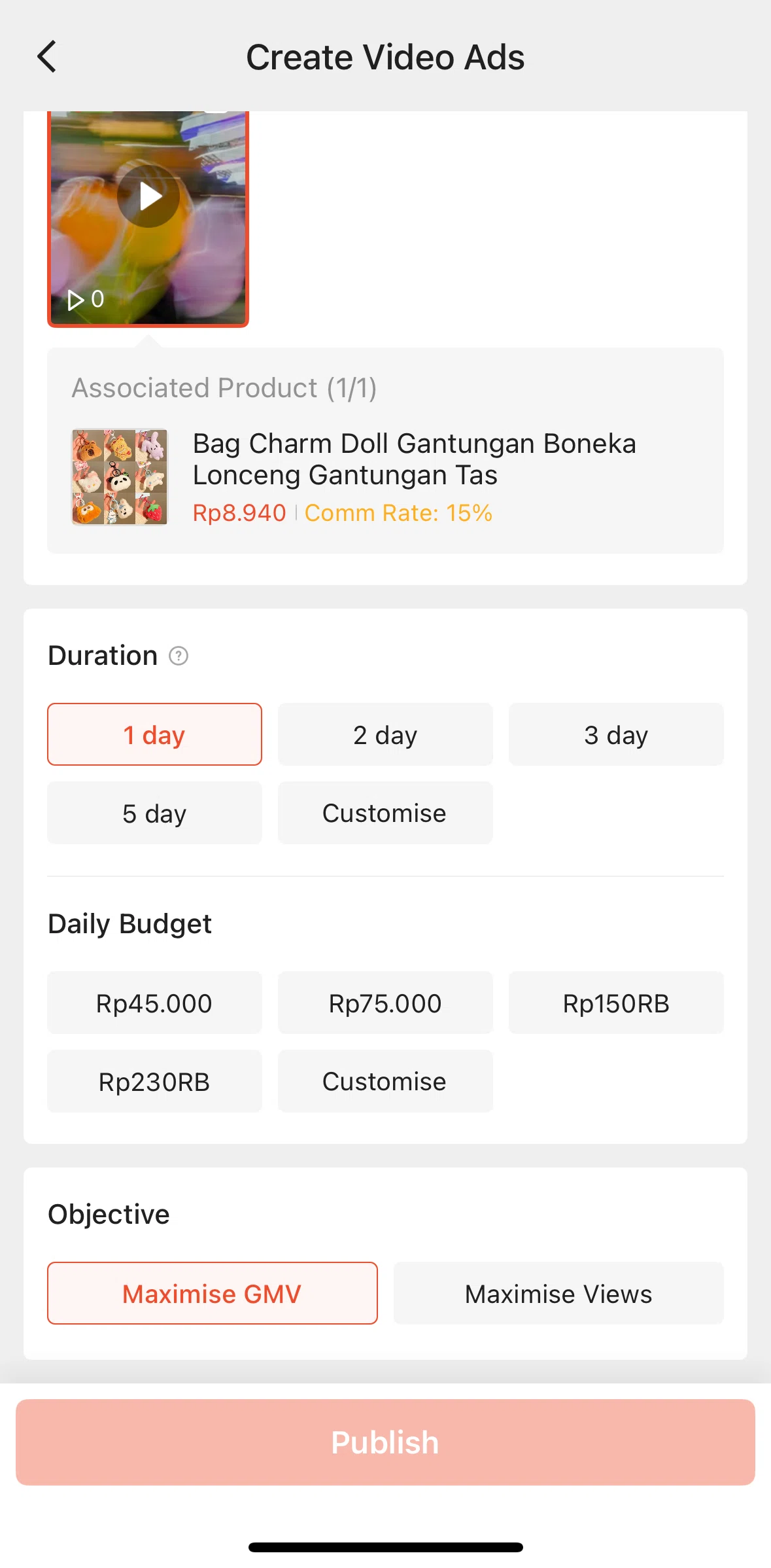 Shopee Screen screen in the Adding a custom daily budget flow