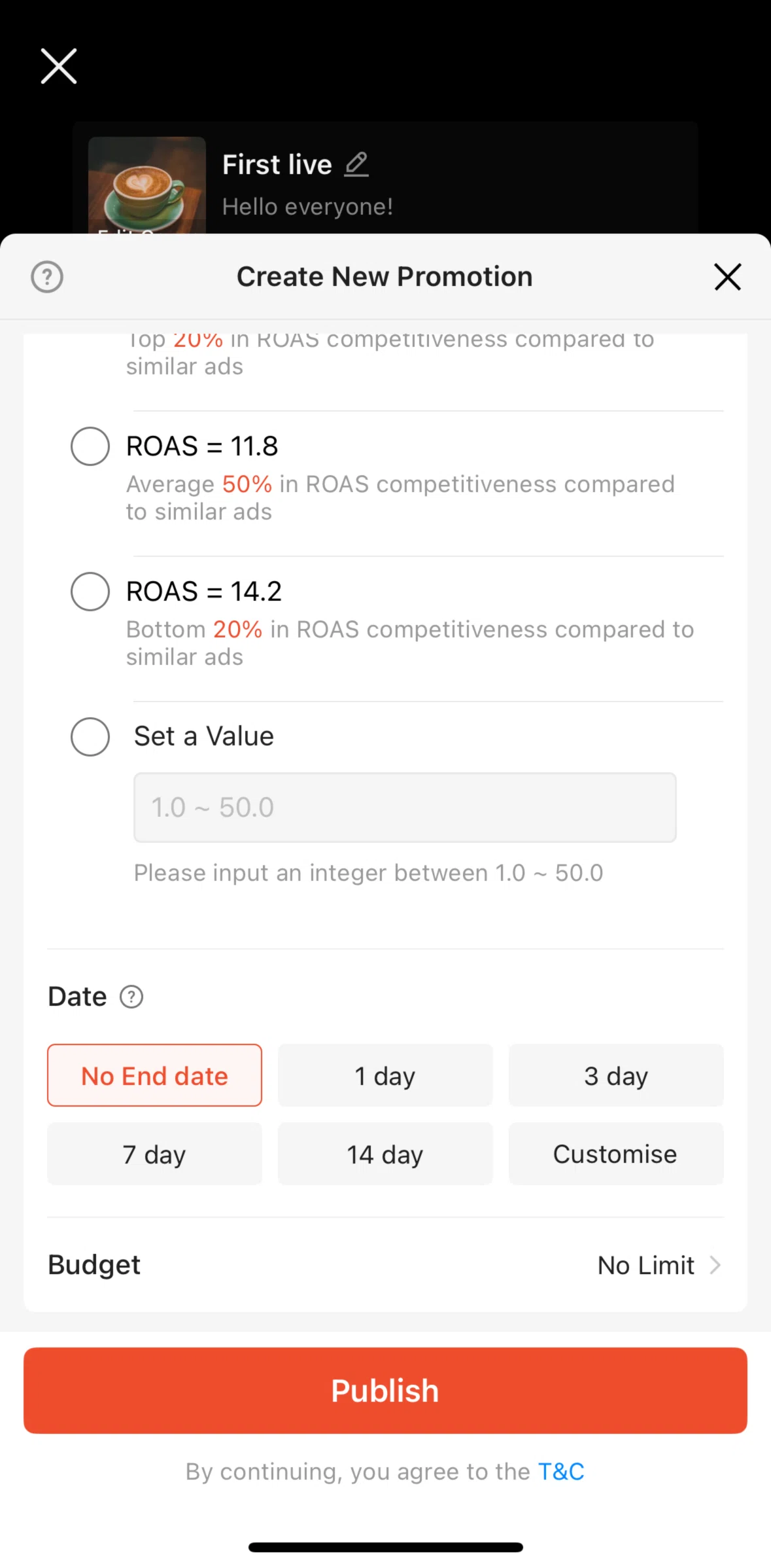 Shopee Screen screen in the Adding a daily budget flow