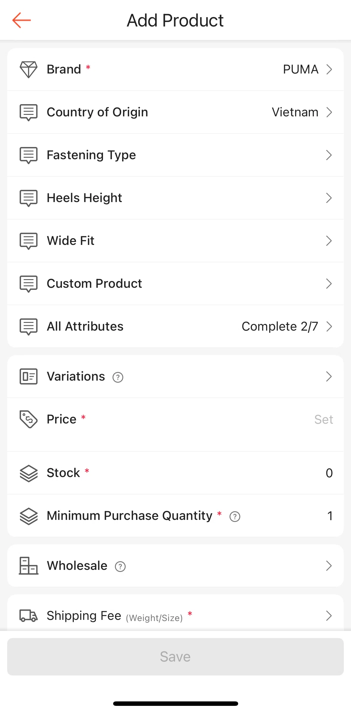 Shopee Screen screen in the Adding a fastening type flow