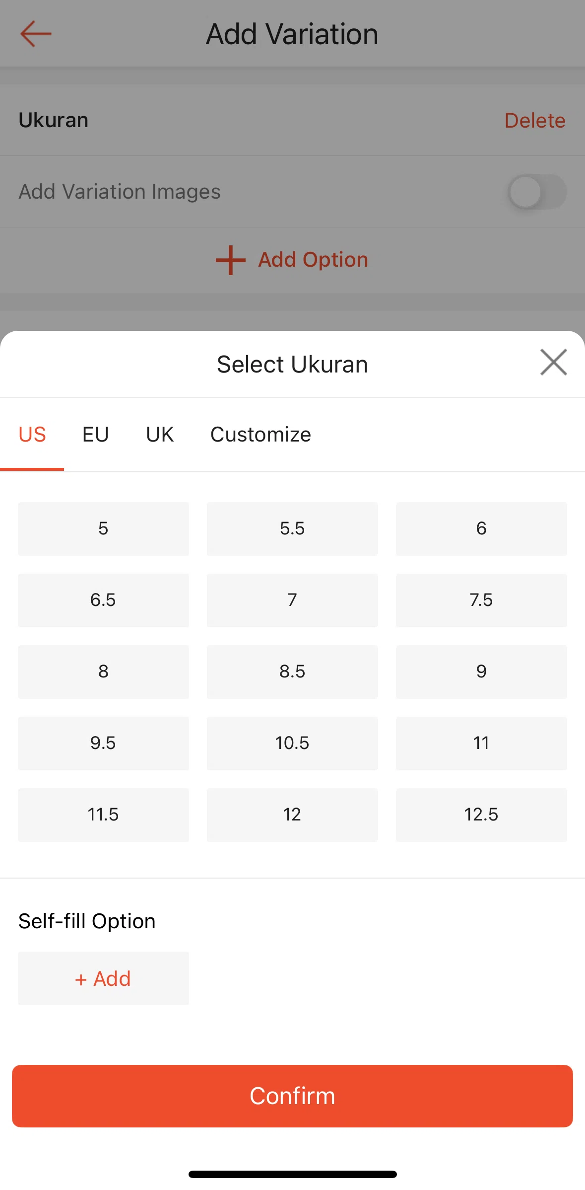 Shopee Screen screen in the Adding a self-fill option flow