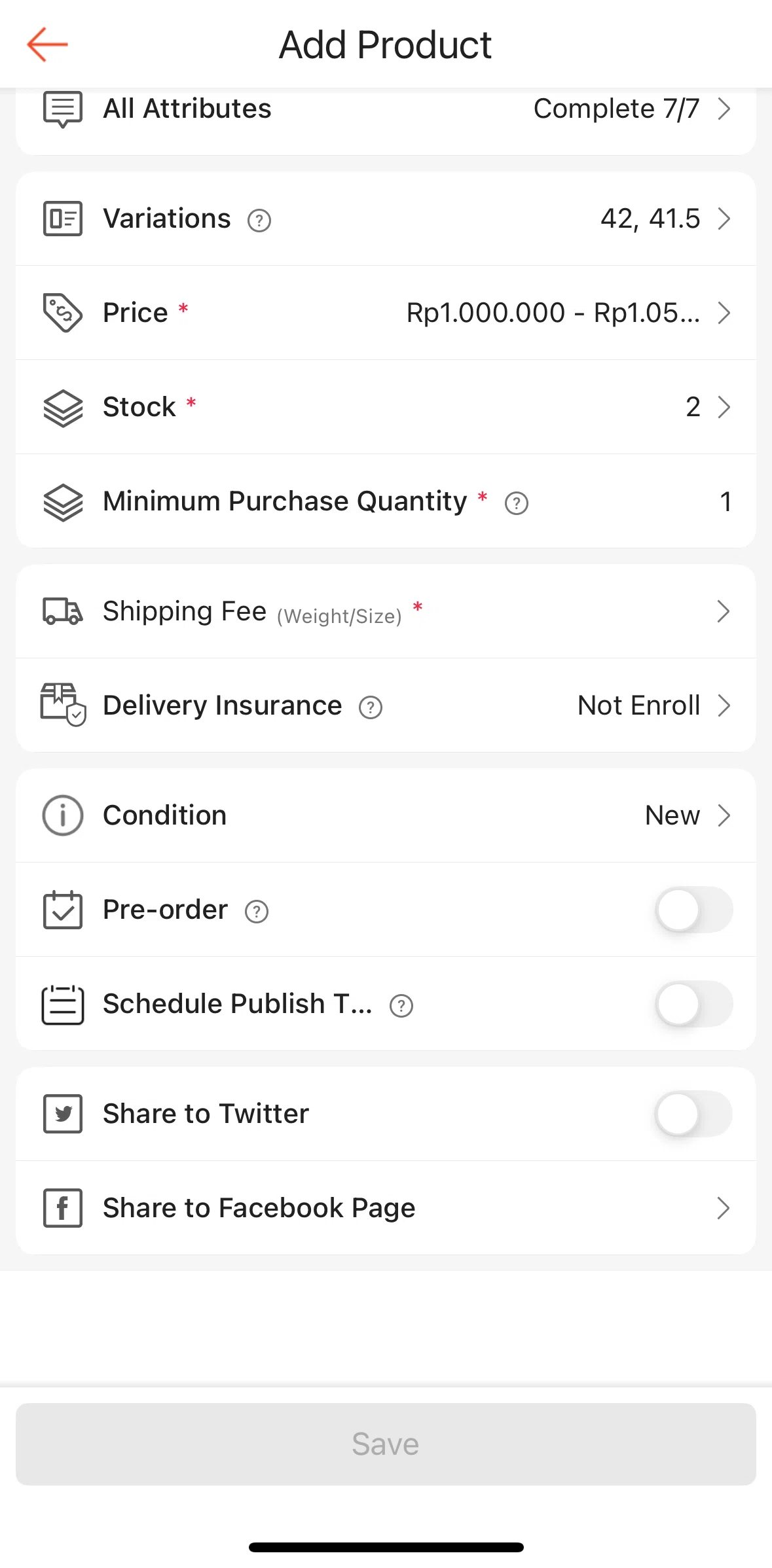 Shopee Screen screen in the Adding a shipping fee flow