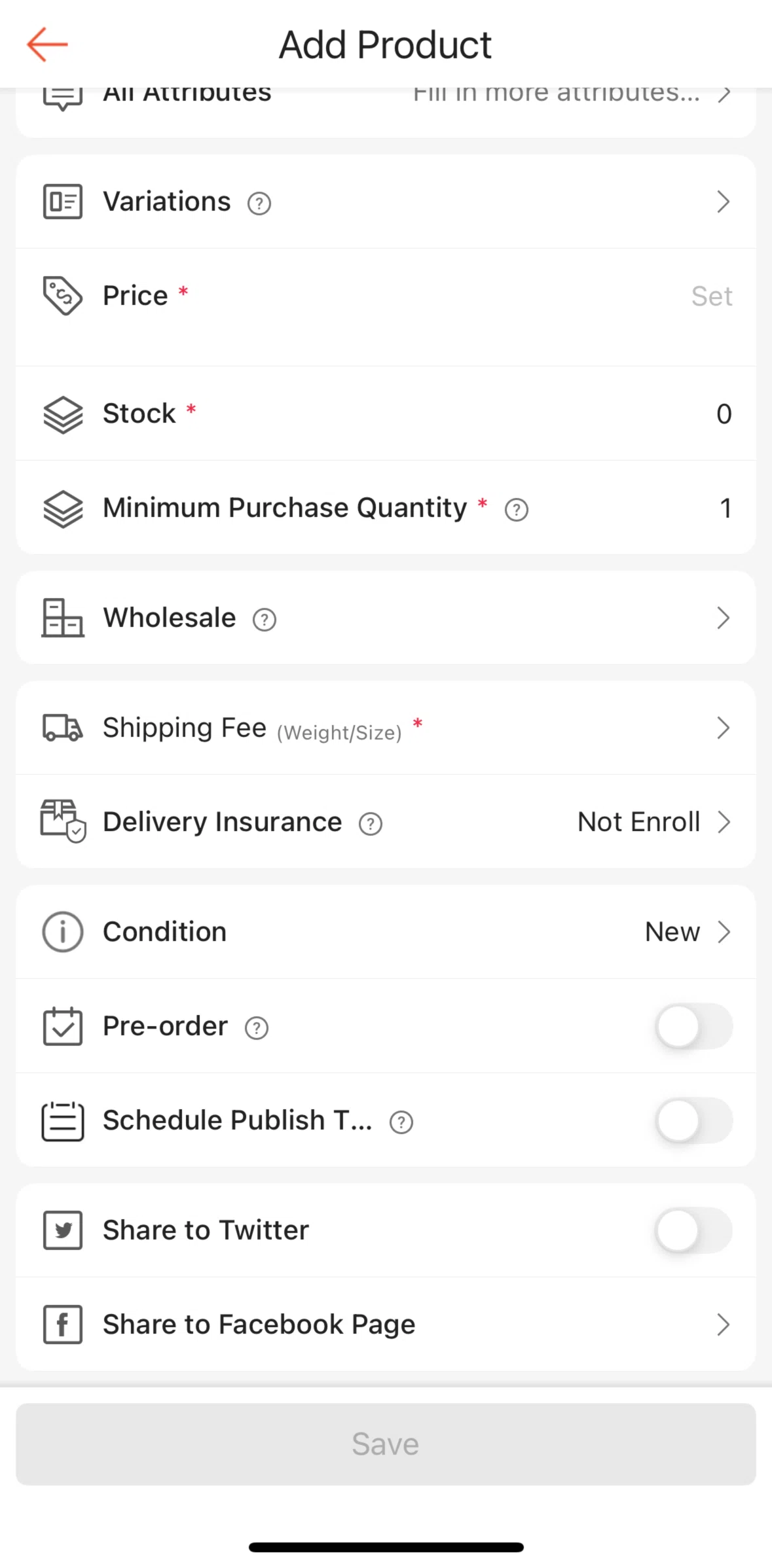 Shopee Screen screen in the Adding a variation flow
