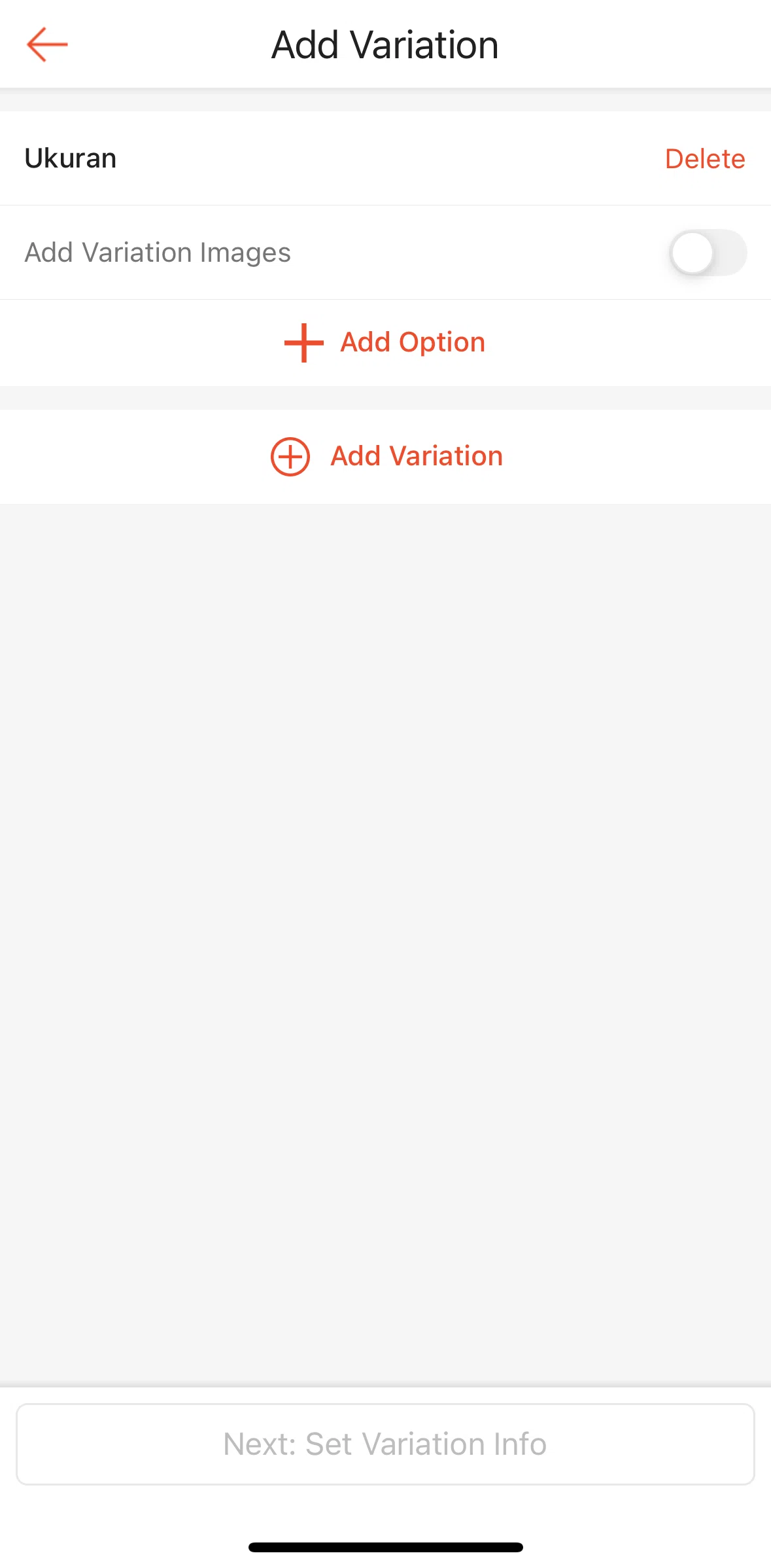 Shopee Screen screen in the Adding an option flow