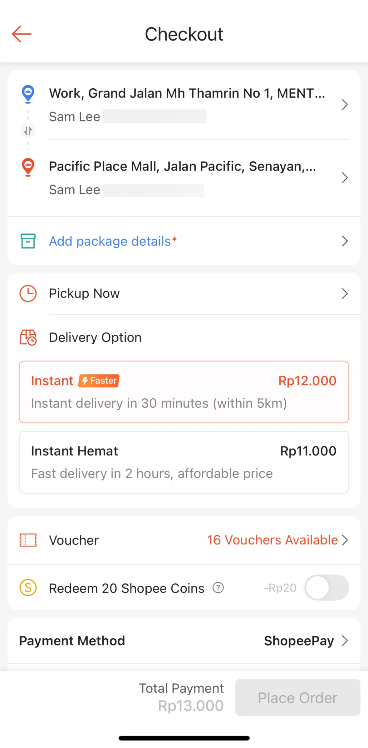 Shopee Screen screen in the Adding package details flow