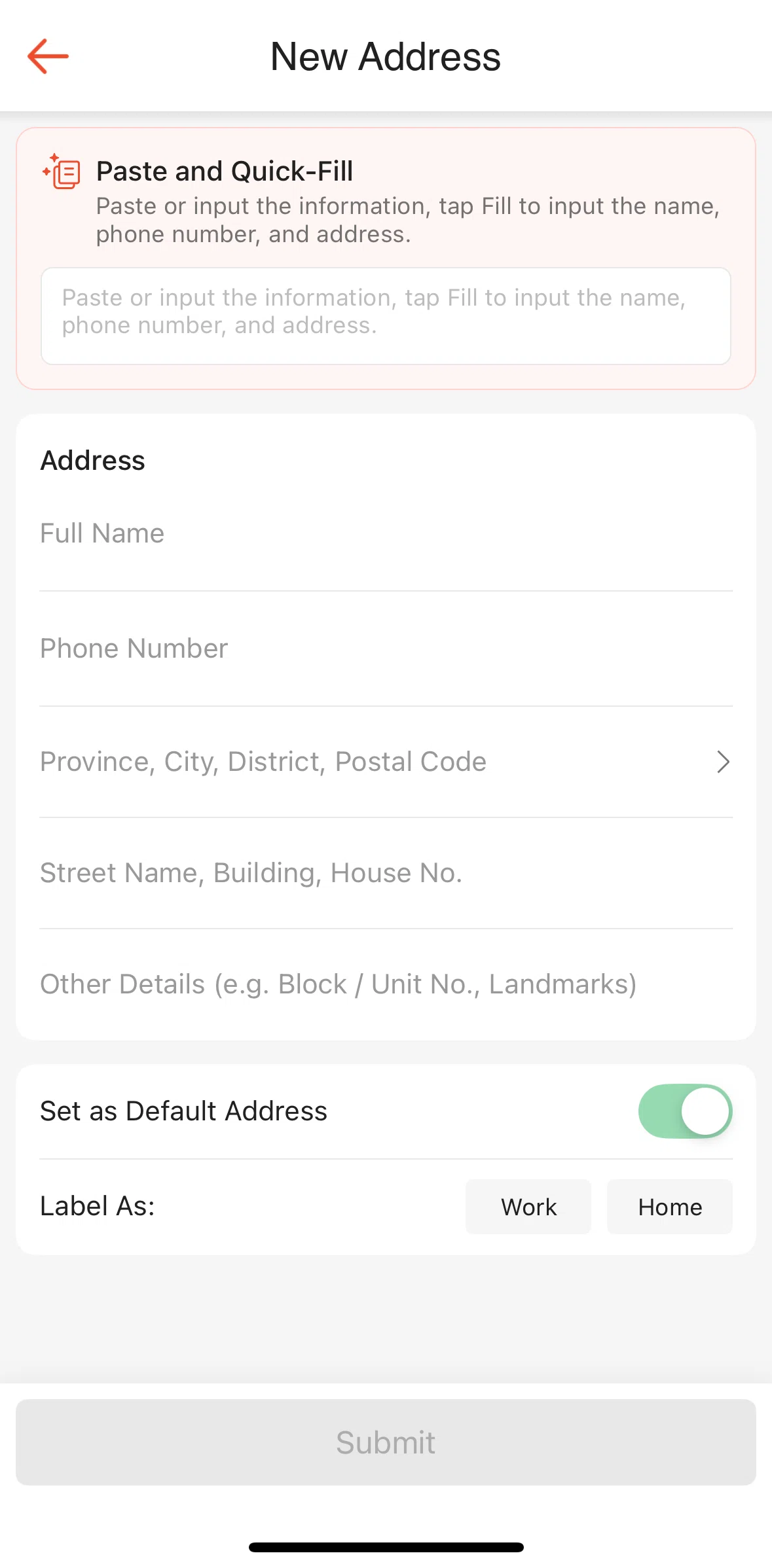 Shopee Screen screen in the Adding province, city, district, postal code flow