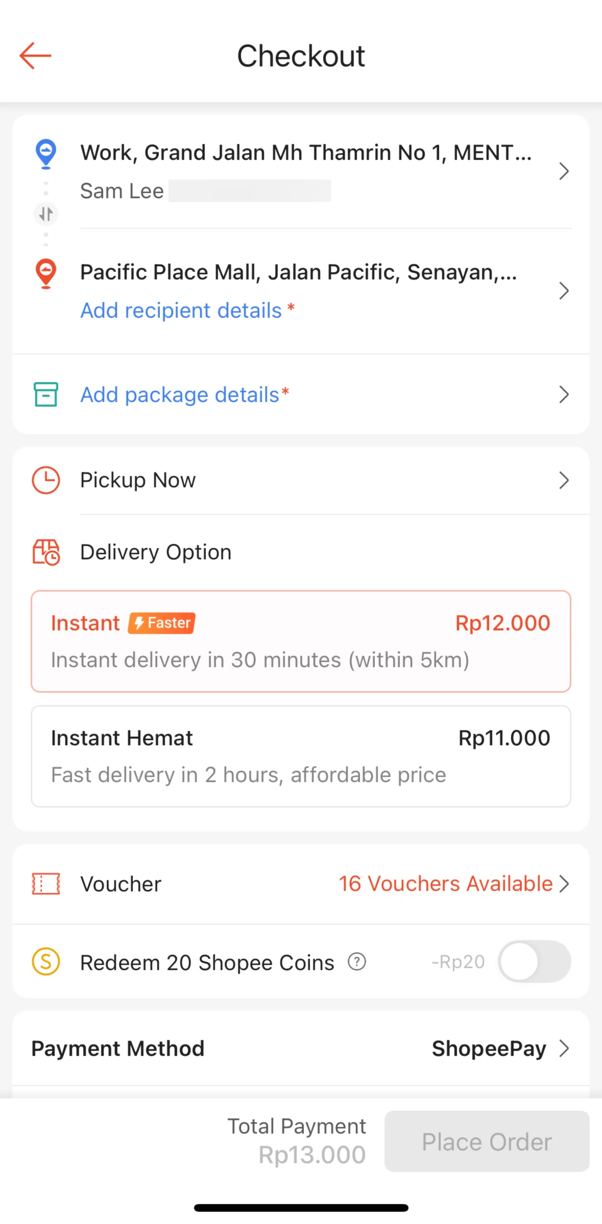 Shopee Screen screen in the Adding recipient details flow