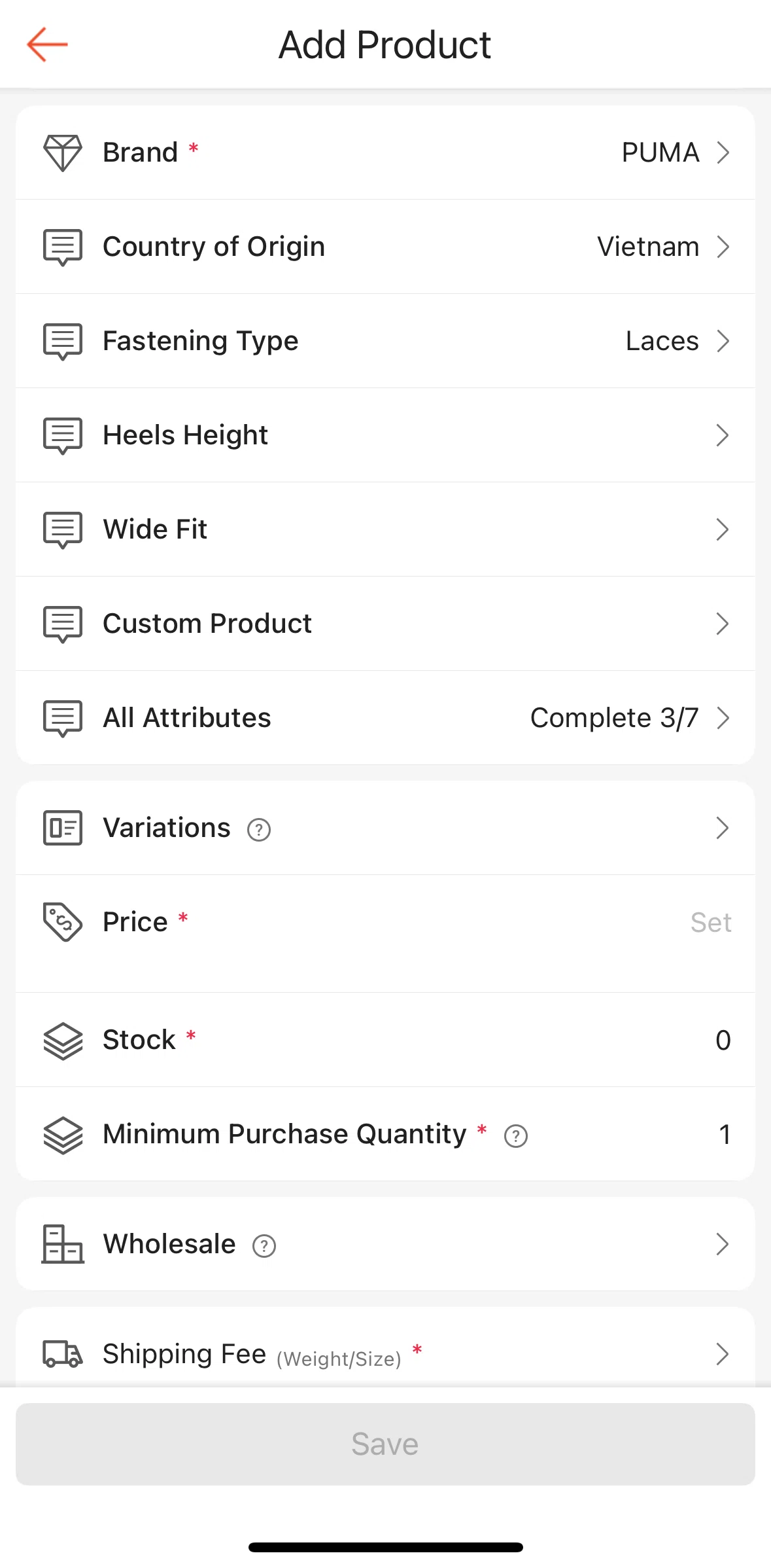 Shopee Screen screen in the All attributes flow