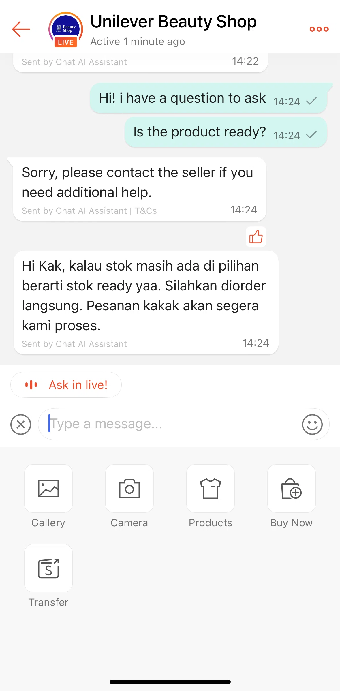Shopee Screen screen in the Buy a product (chat) flow