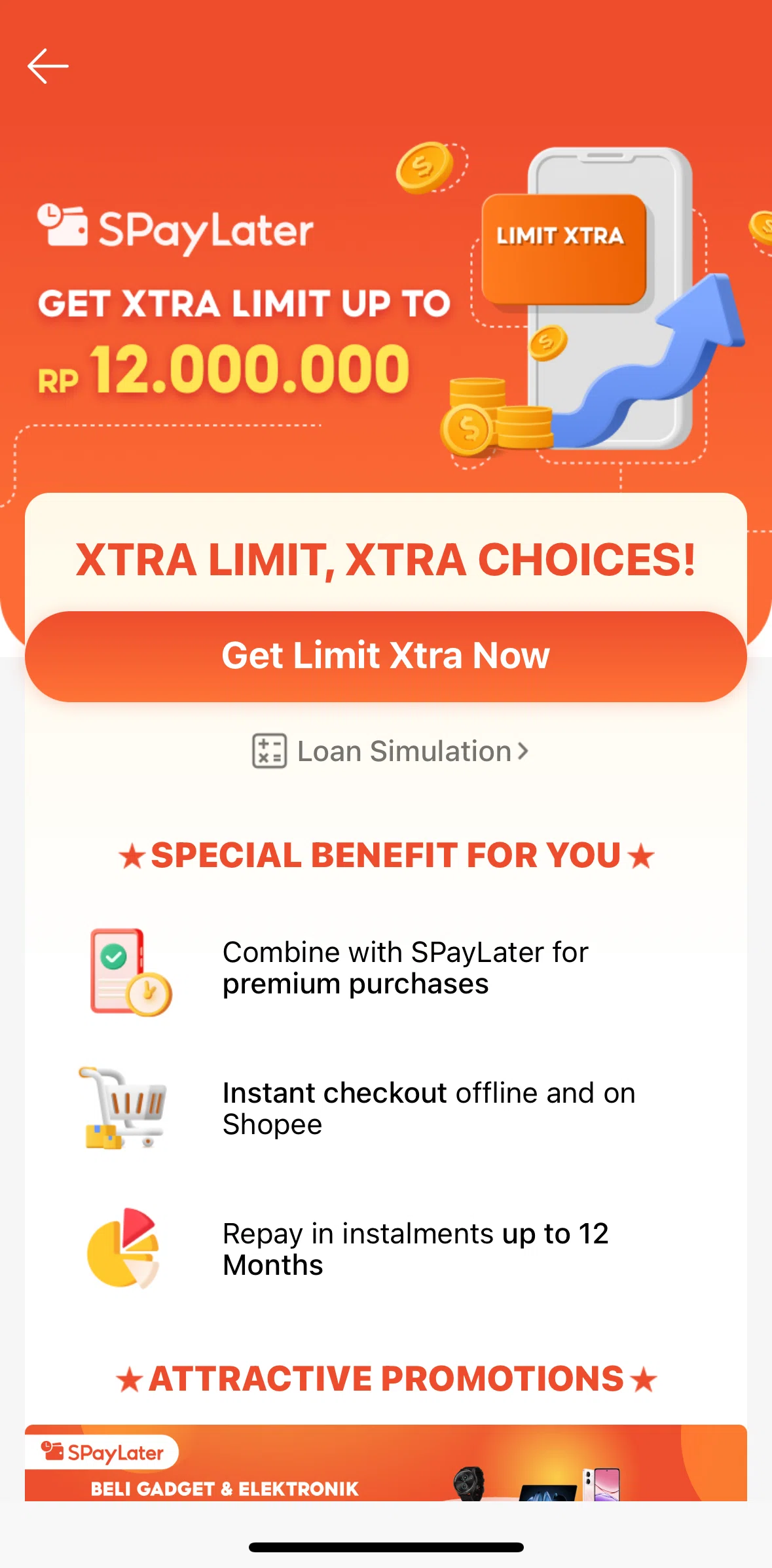 Shopee Screen screen in the Calculating monthly loan repayment (SPayLater Limit Xtra) flow