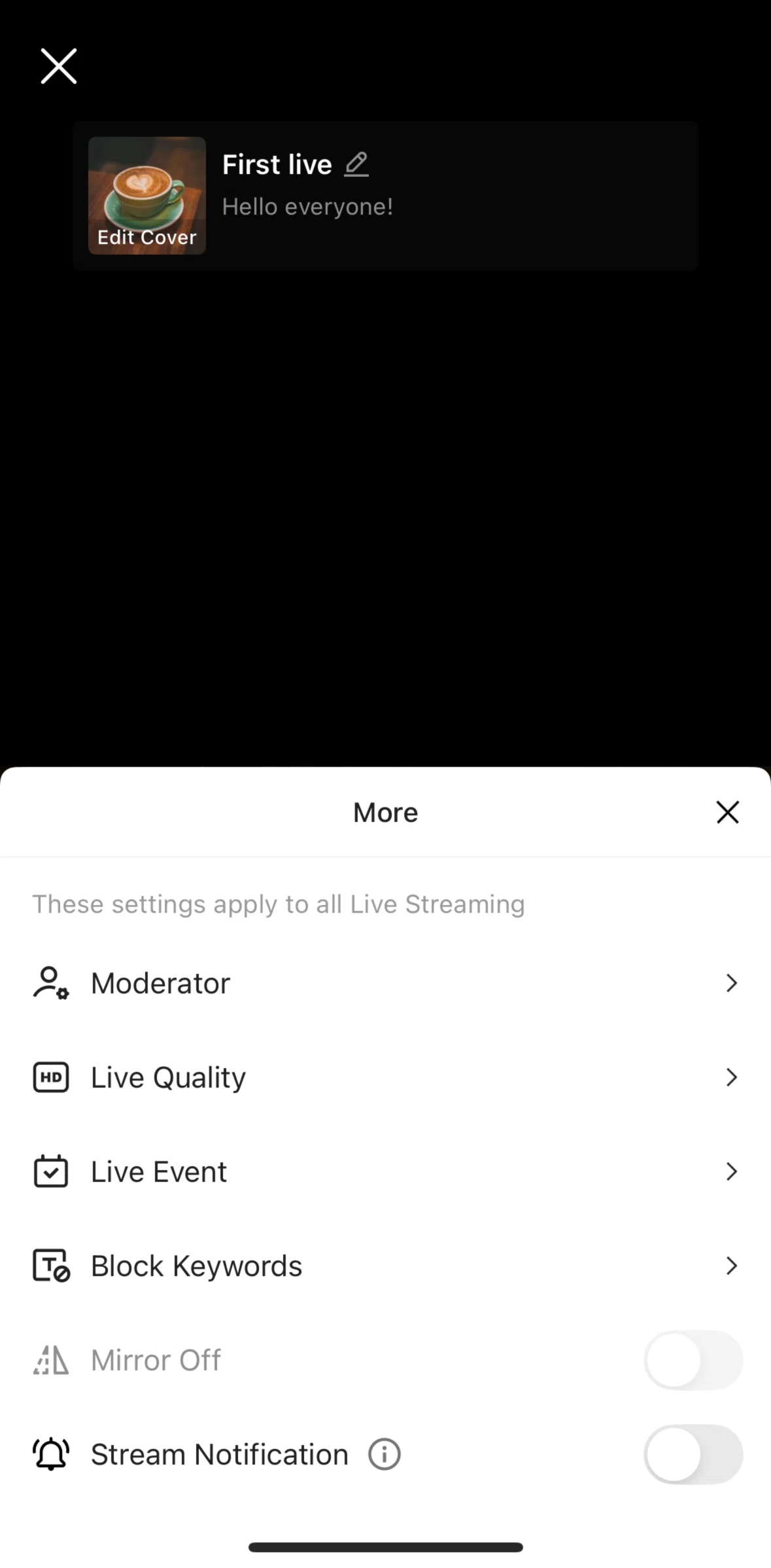 Shopee Screen screen in the Changing a live quality flow