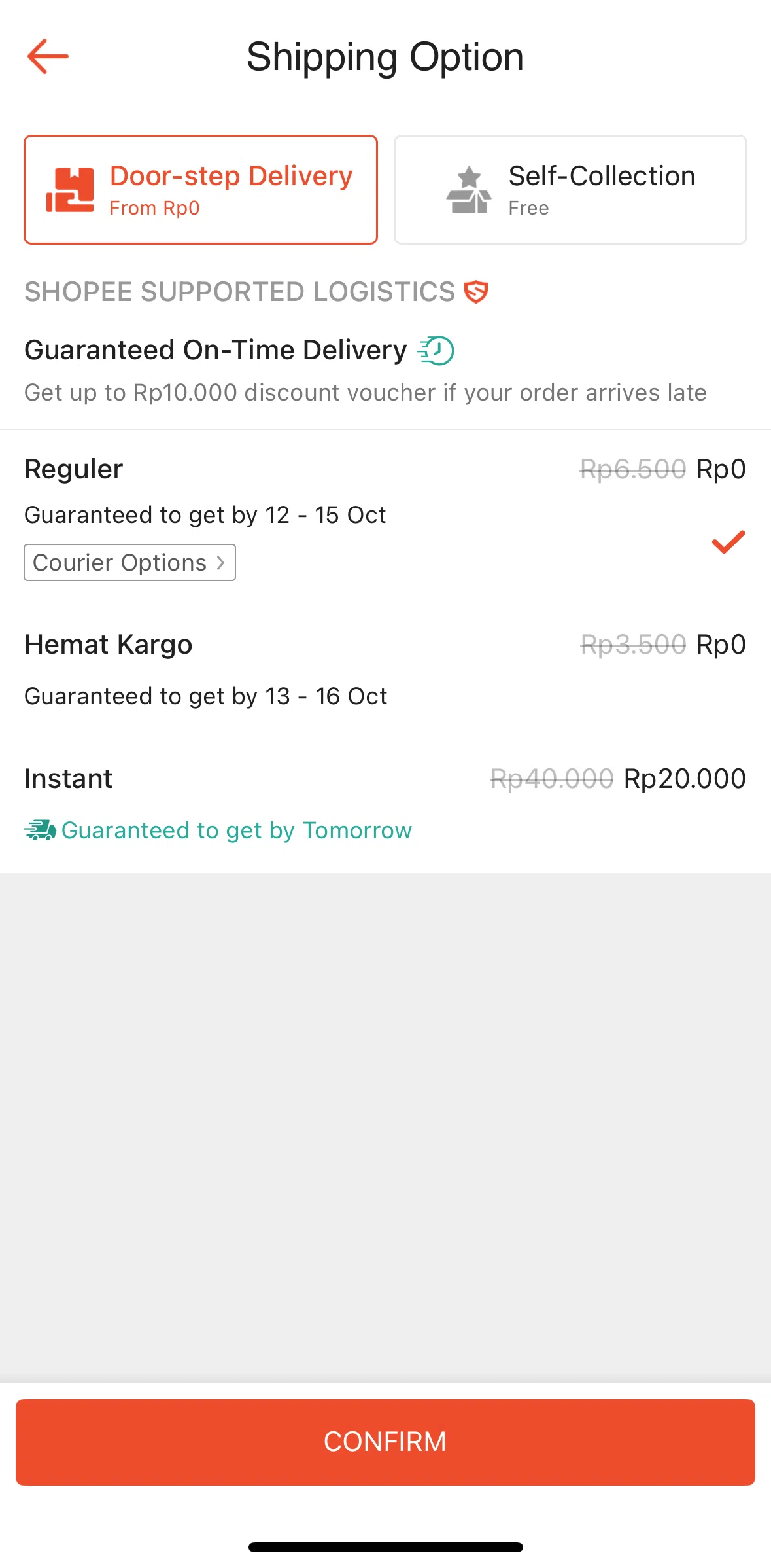Shopee Screen screen in the Changing courier options flow