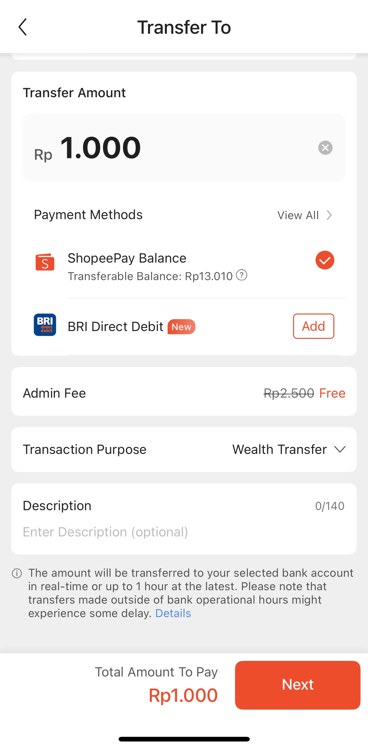Shopee Screen screen in the Changing transaction purpose flow