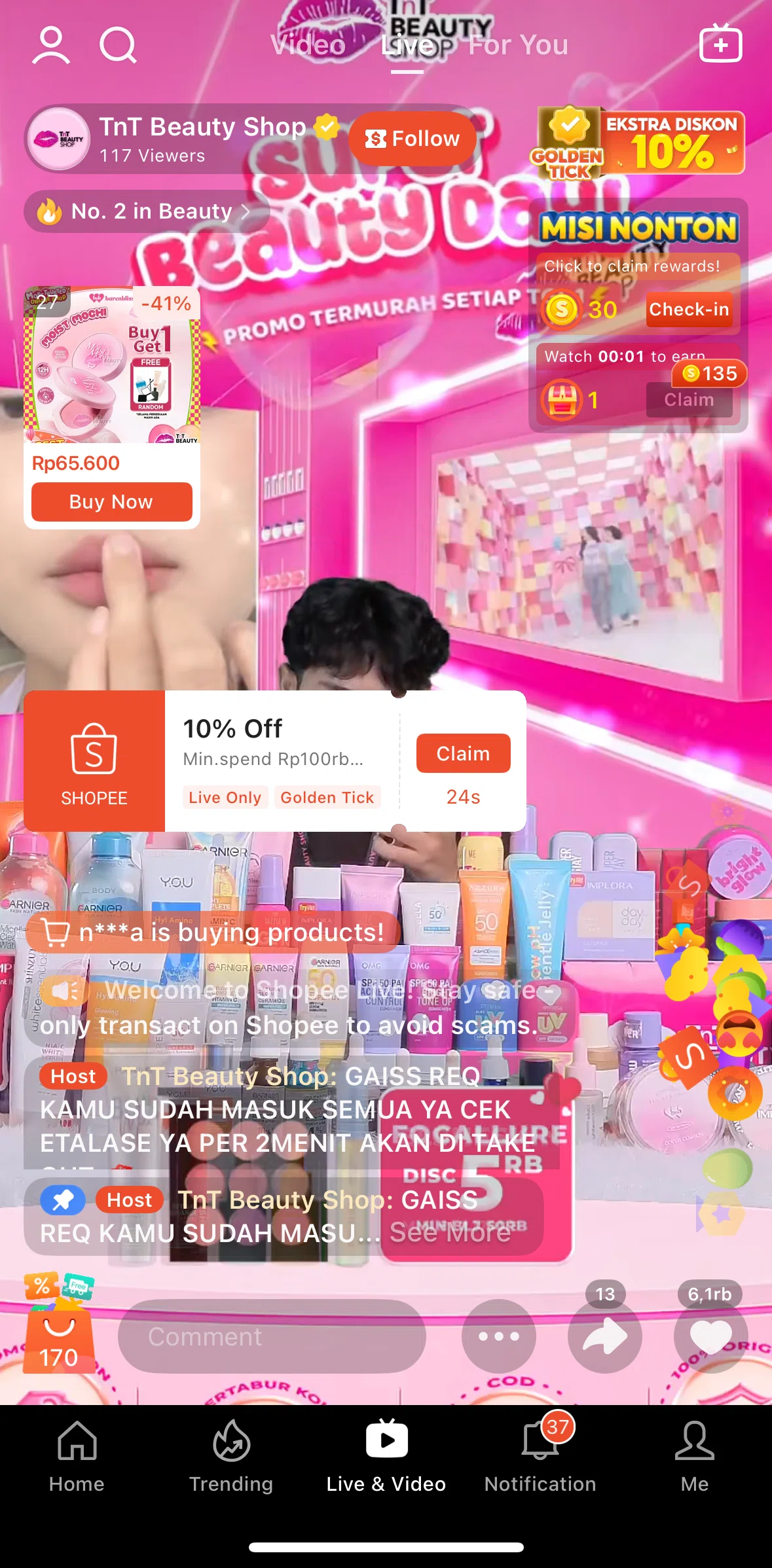 Shopee Screen screen in the Commenting a live flow