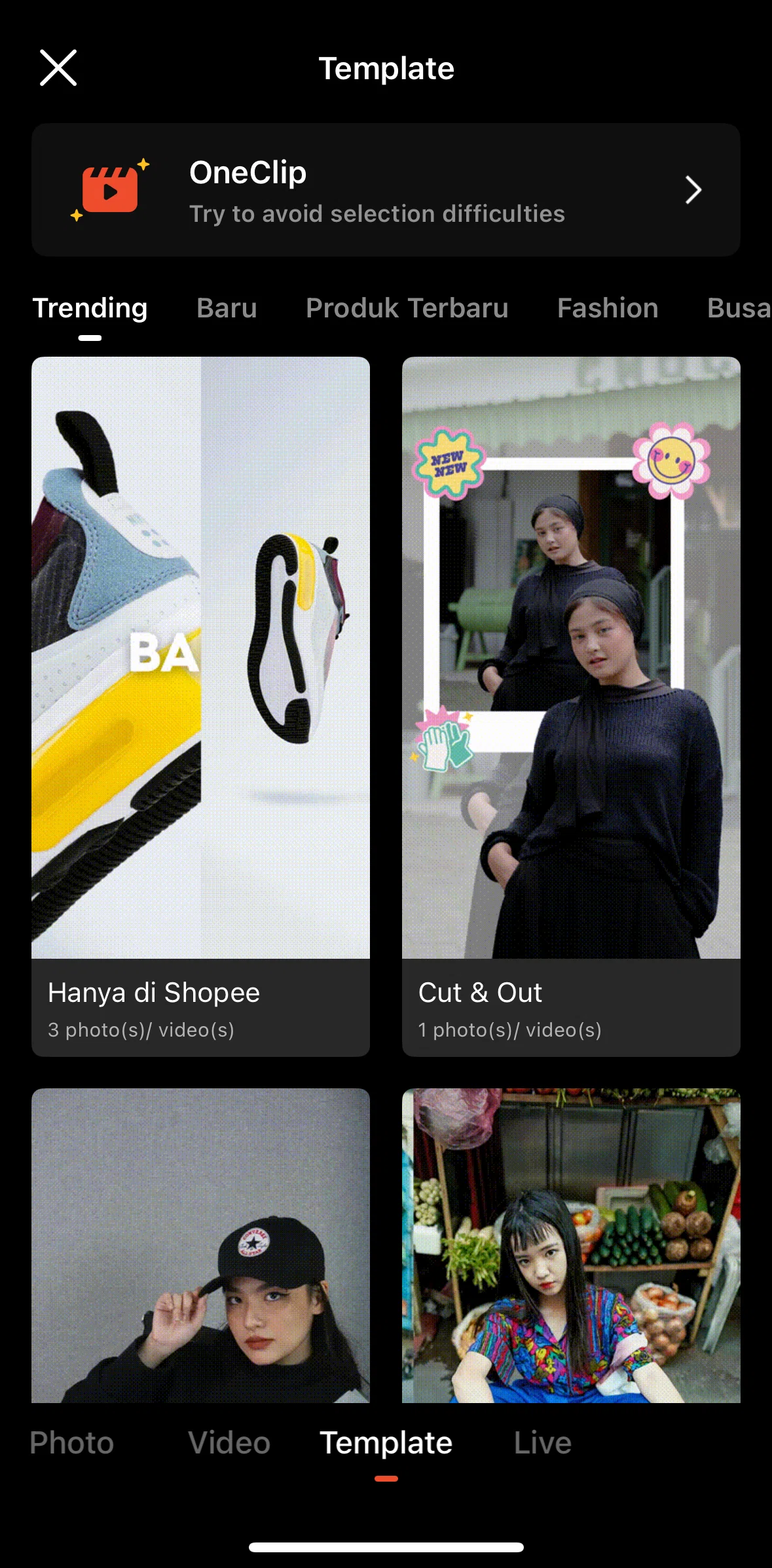 Shopee Screen screen in the Create a OneClip flow
