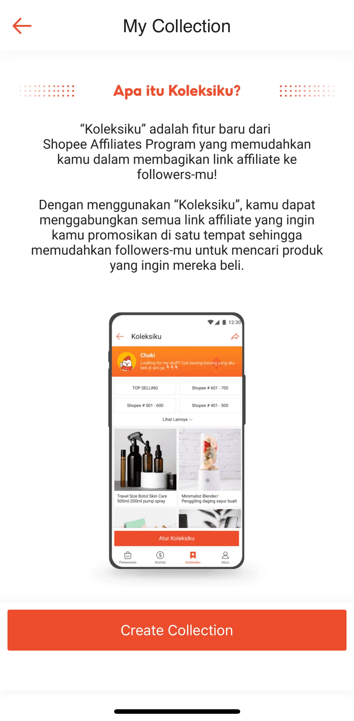 Shopee Screen screen in the Creating a collection flow