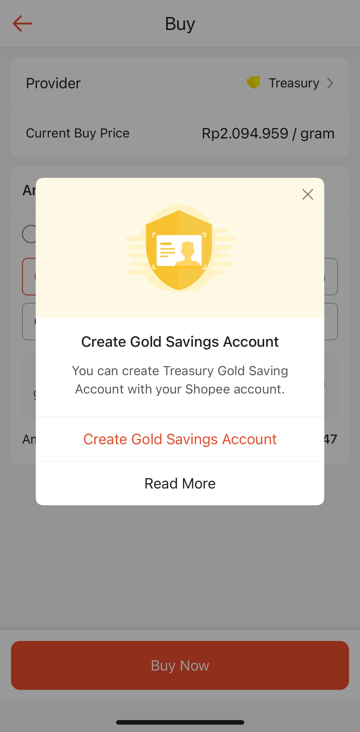 Shopee Screen screen in the Creating a gold saving account flow