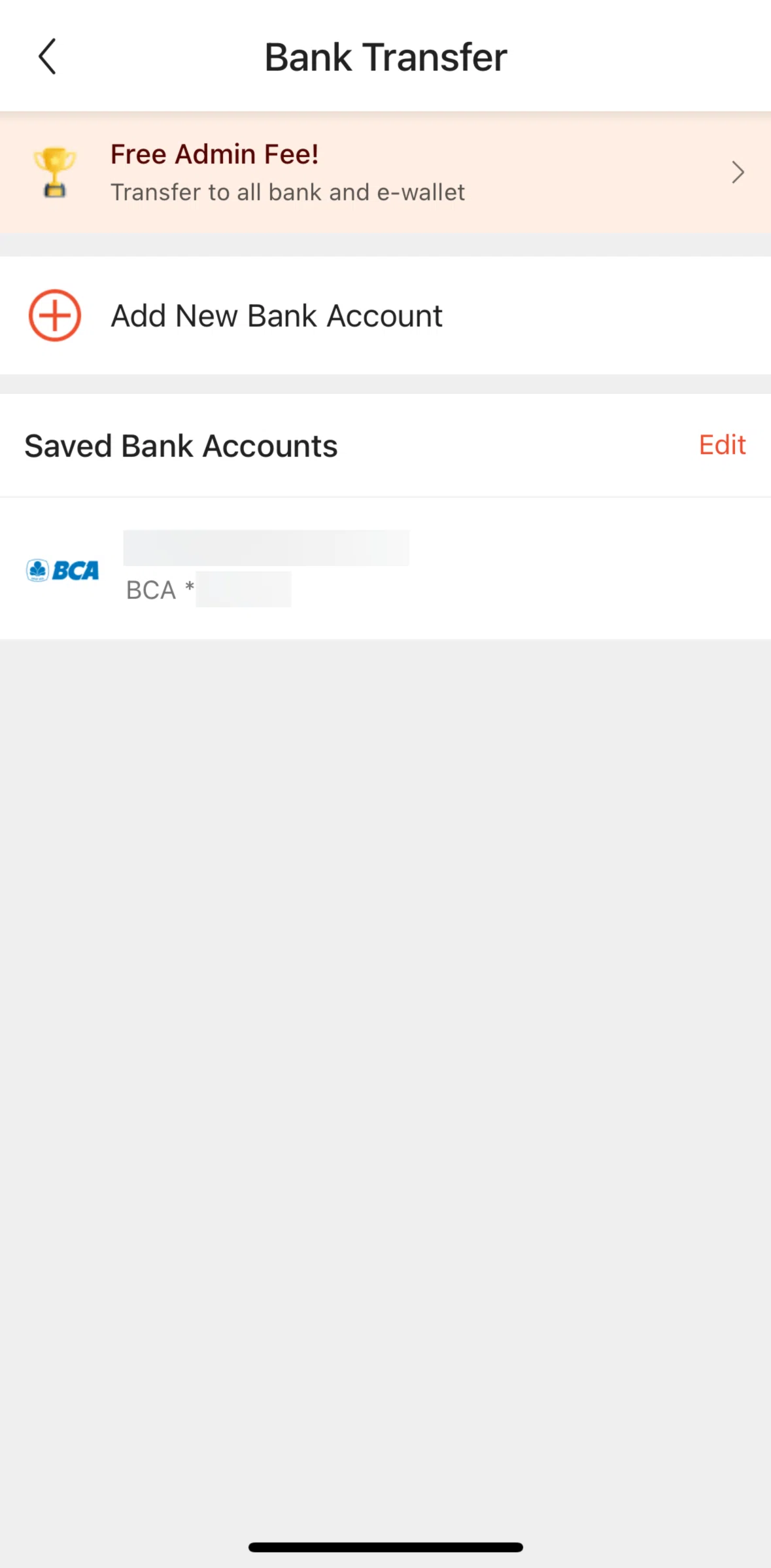 Shopee Screen screen in the Deleting a saved bank account flow
