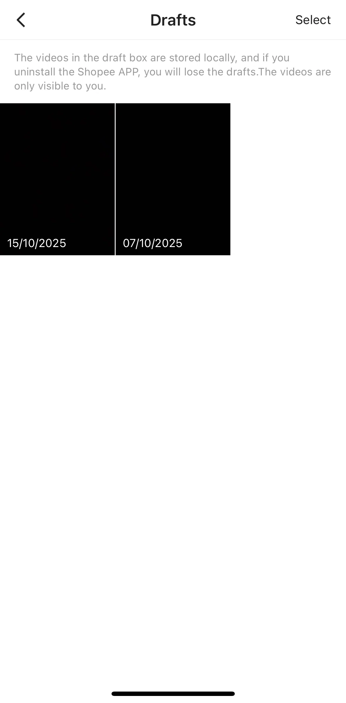 Shopee Screen screen in the Deleting a video draft flow
