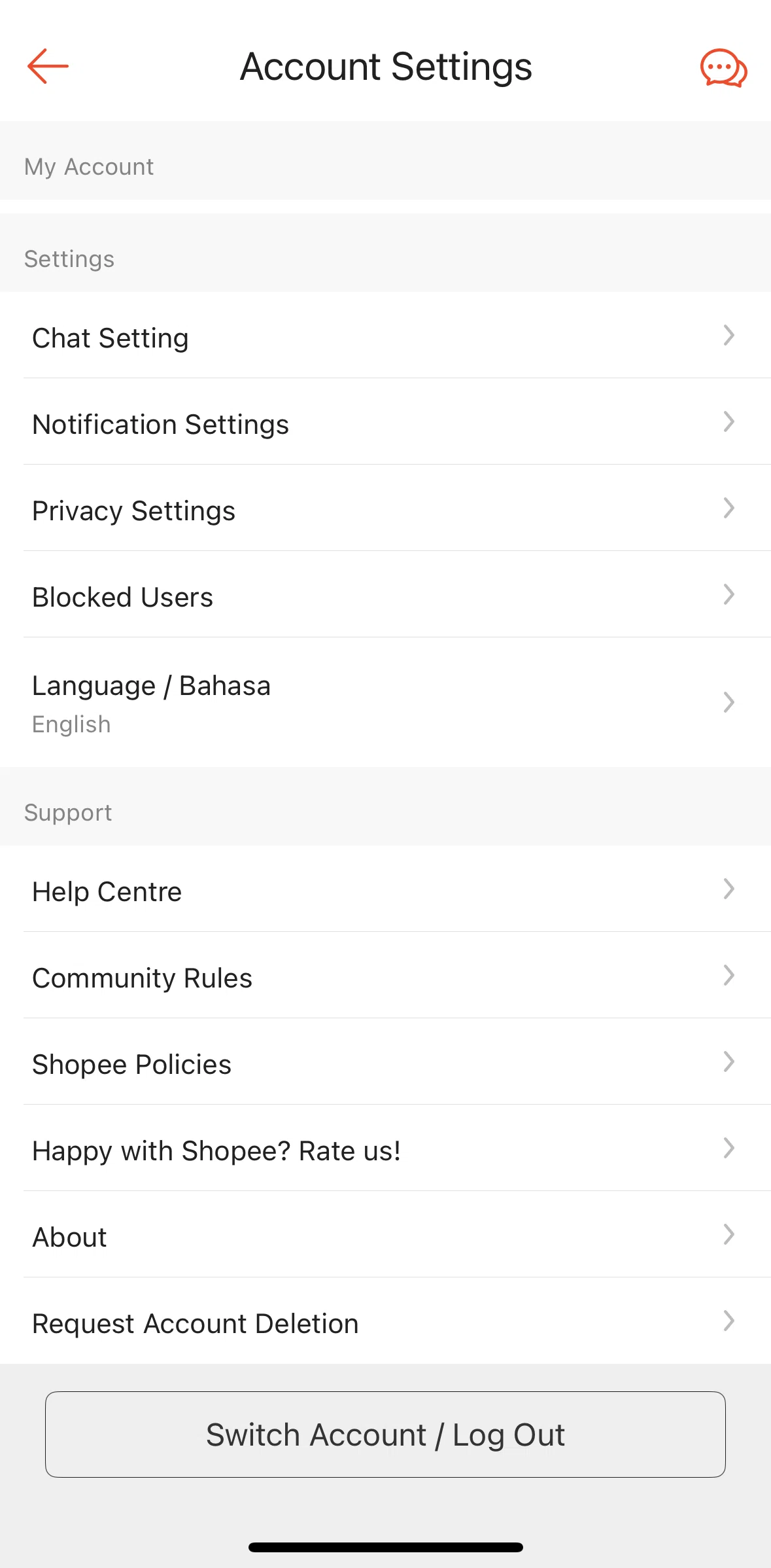 Shopee Screen screen in the Deleting an account flow