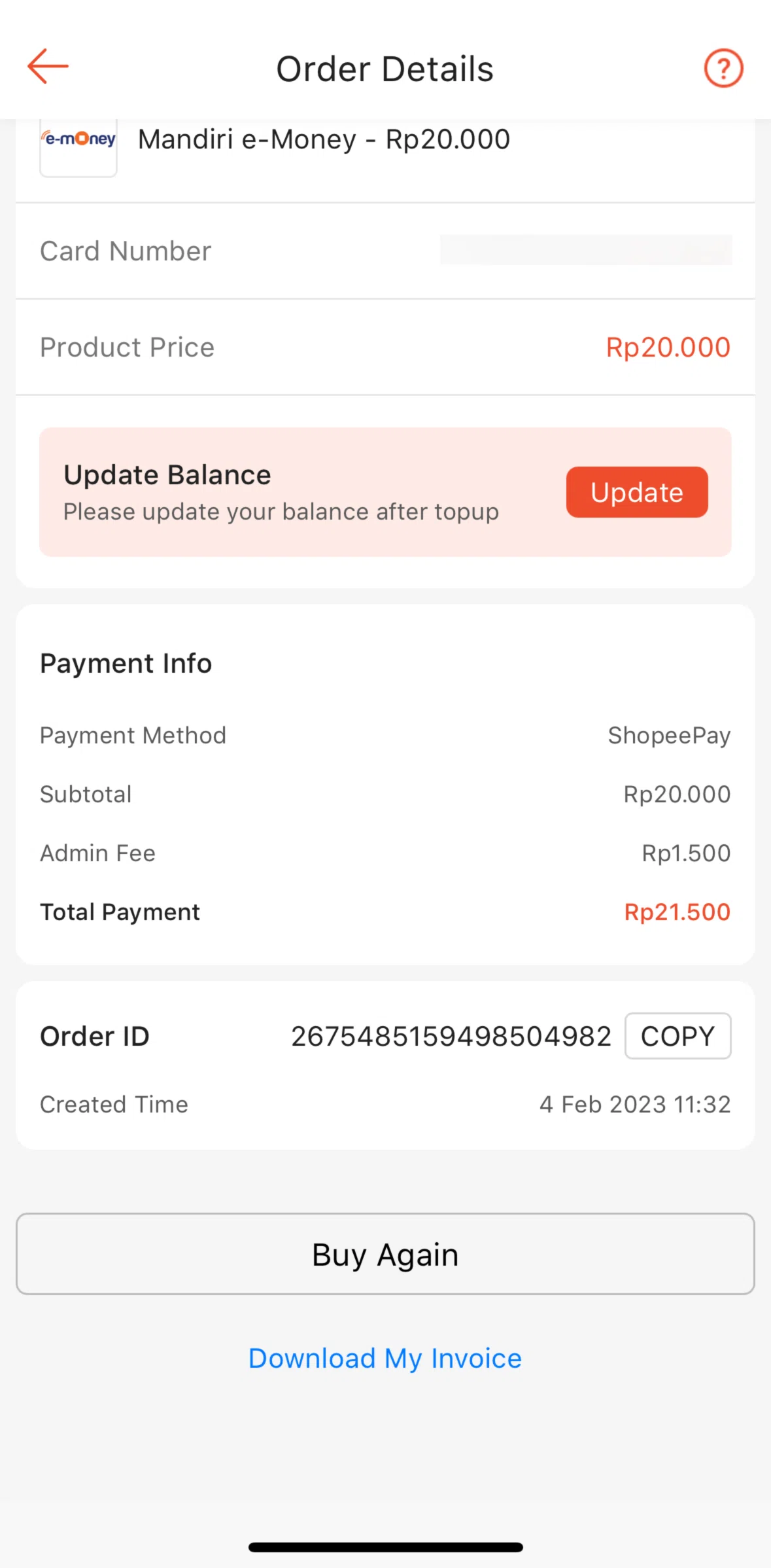Shopee Screen screen in the Downloading an invoice flow