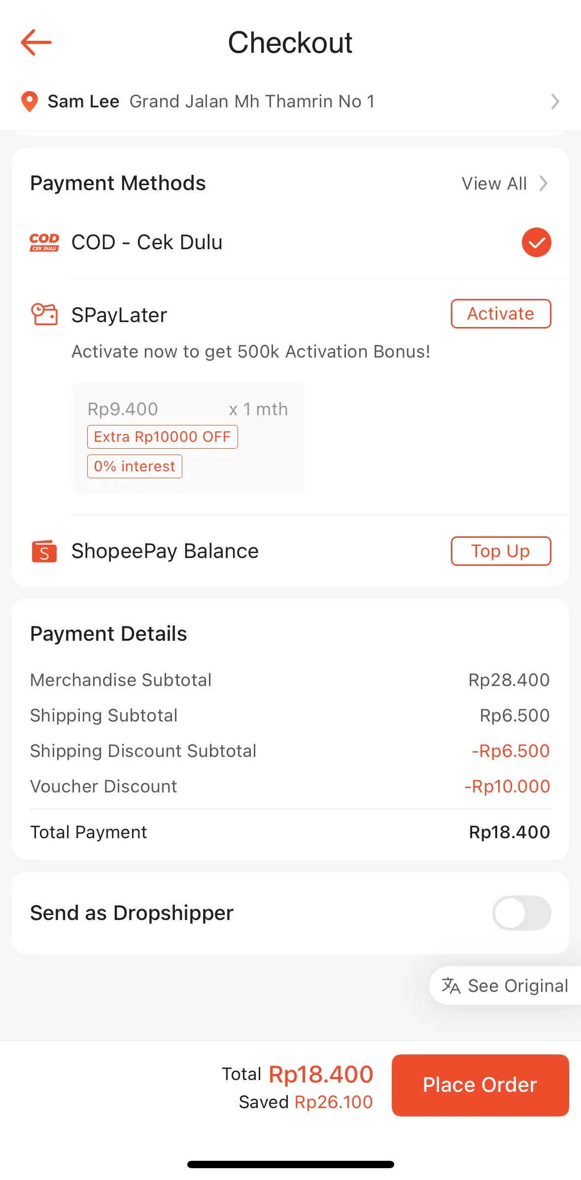 Shopee Screen screen in the Enabling send as dropshipper flow